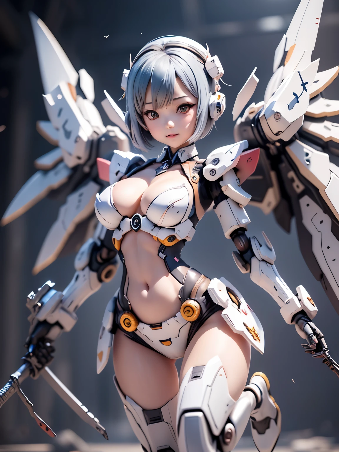 {(japanese young girl)}, ((wears a futuristic Gundam mecha)),(Gundam style), with headgear, with v-fin , ((unarmored cleavage)), ((unarmored stomach)), ((unarmored upper arms)), ((unarmored face)), (unarmored hands), (unarmored waist), ((unarmored thighs)), (unarmored ankles), japanese girl wear light blue and white striped pantie under armor, full body:1.5, battle pose,Pose that uses the whole body, Paint red, yellow, and blue on a white base,
cute, (cute:1.2), (bob cut:1.3),三つ編み, 黒髪, 太い眉毛, 薄い色の虹彩, 大きくて輝いている黒い瞳, 長いまつげ, 小さく薄い色の自然な唇, (Average face of Japanese idols), (日本人特有の童顔:1.3), (), 広いおでこ:1.2, ふっくらした頬, 小さな顎, open legs, spread feet, visible side boob, (mechanical wings), holding weapon,holding huge weapon, holding Very large shield,looking at viewer,Focus on the eyes ,
3D rendering,
Small robot,
portrait female anime,
cute 3d anime rendering,
cute detailed digital art,
mini cute mech,
3D rendering stylized,
3D renderingされたキャラクター アート 8k,
cute digital painting,
Anime style 3D,
Super detailed rendering,
weapon in hand,