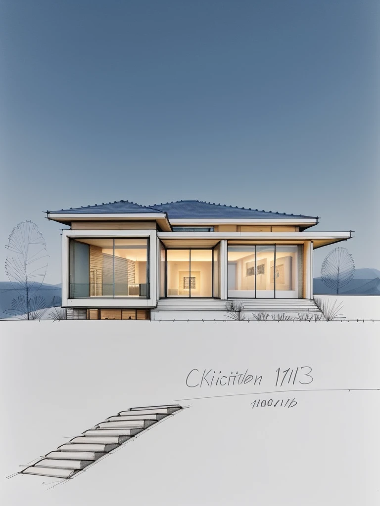 sketch,building, slope roof, water,reflection,stones,tree,Curve,blue sky,night,