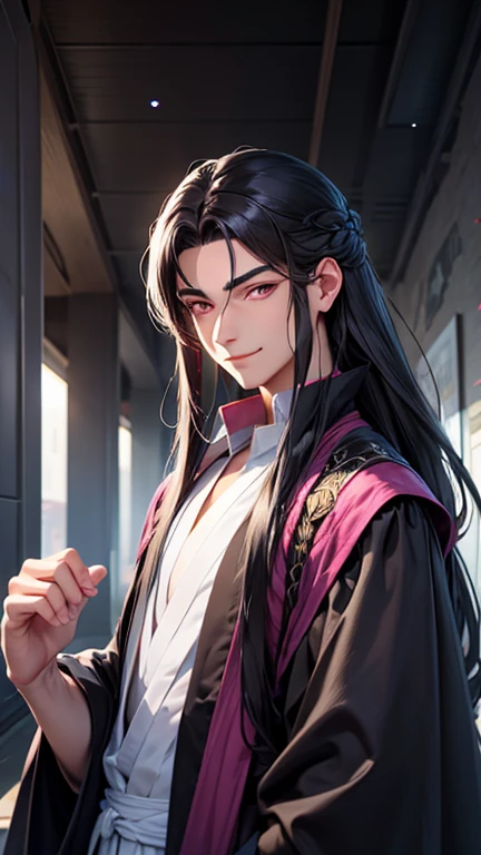 Jinshi's most prominent feature his outstandingly beautiful face. Frequently described as having "the looks of a celestial maiden", he has a feminine appearance, with long, silky, jet-black hair and obsidian eyes. In the light novel, he is stylized with dark purple hair and pink eyes. Unlike most other court officials in the series, he wears his hair in a half-back style tied with a cloth. While he wears an angelic smile on his face in public, he removes this persona in privacy and reverts back to the childish expressions he normally wears. He is most often seen wearing court official robes.