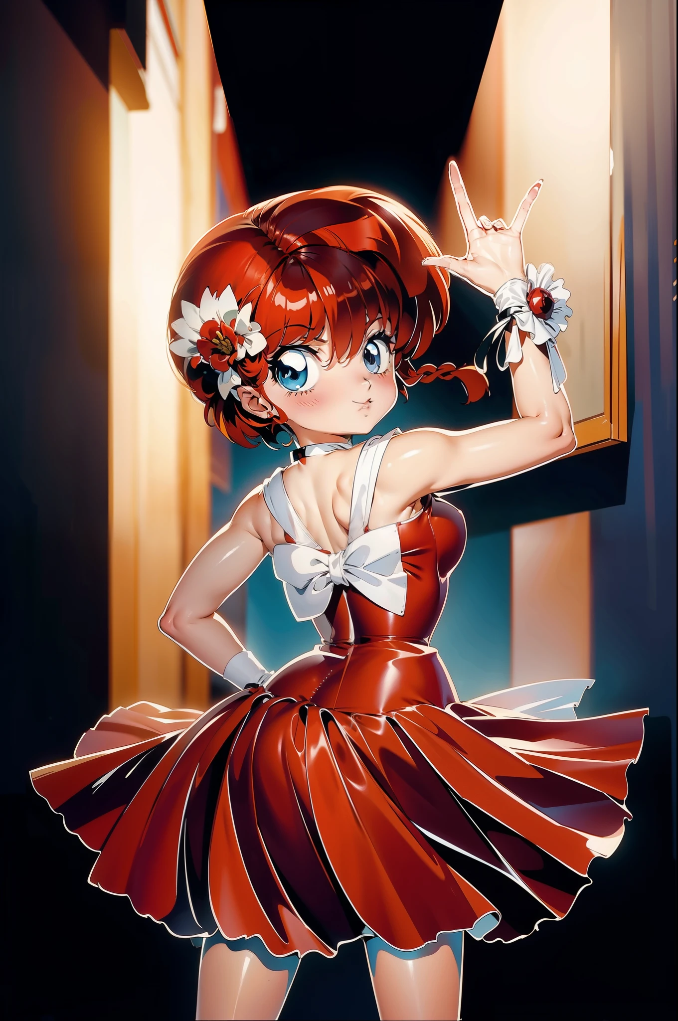 redhead anime girl in a red latex dress with a flower in her hair, cute anime girl, full body,  girl, sexy girl, big breasts, anime style character, dressed in a latex dress, inspired by Rumiko Takahashi, author Rumiko Takahashi, inspired by Ranma 1/2 artwork, anime art style, pink dress, anime style, sexy anime girl, beautiful breasts, Ranma Chan, beautiful lighting, realistic shadows