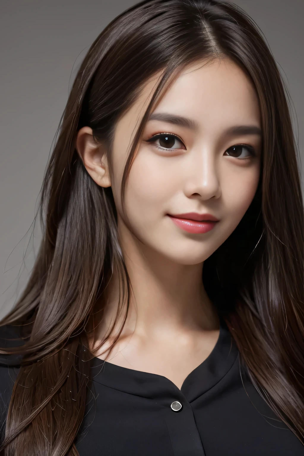 table top, highest quality, realistic, Super detailed, finely, High resolution, 8k wallpaper, 1 beautiful woman,, light brown messy hair, He is wearing a black dress shirt with an open collar., sharp focus, perfect dynamic composition, beautiful and detailed eyes, thin hair, Detailed realistic skin texture, smile, close-up portrait, model body shape