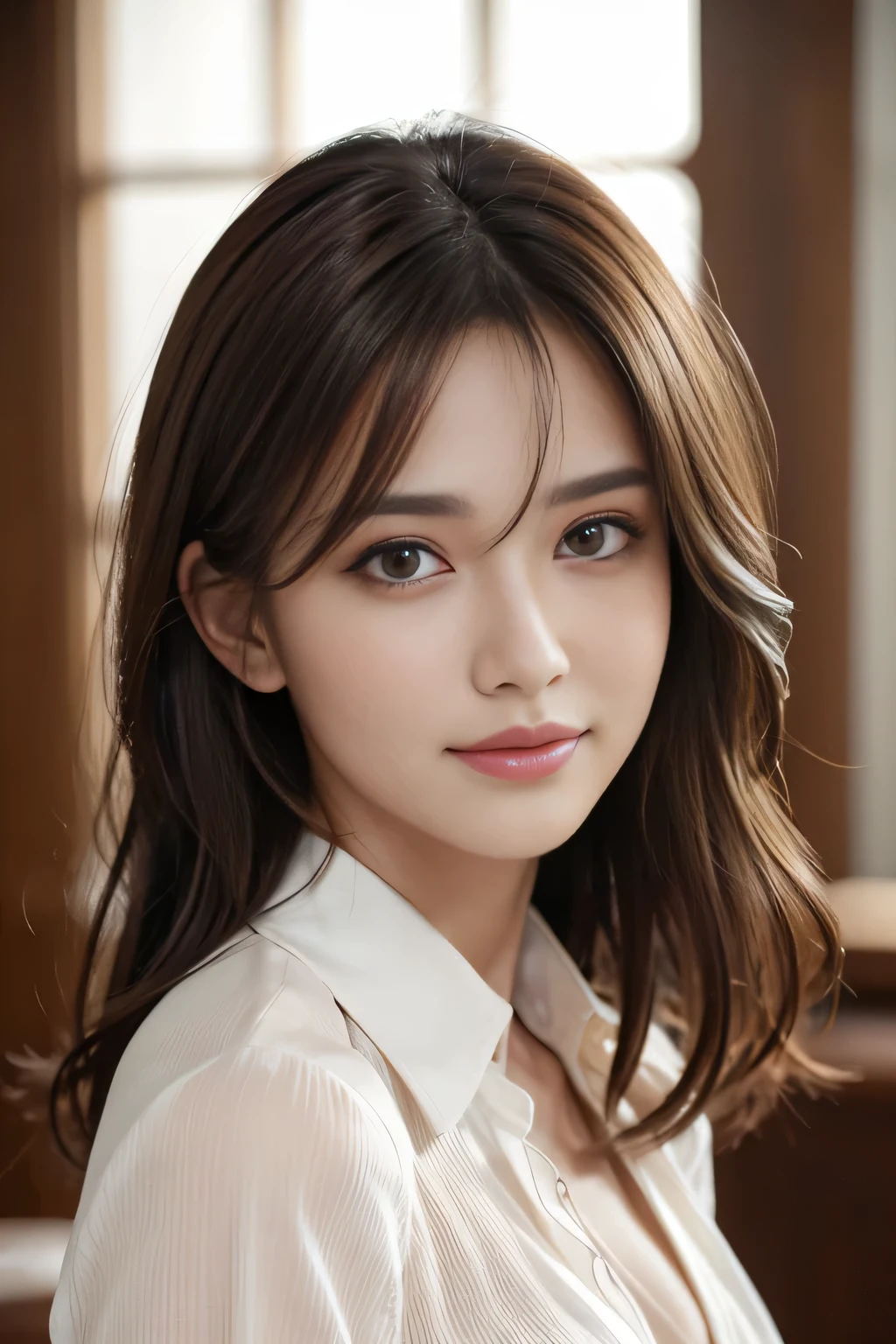 table top, highest quality, realistic, Super detailed, finely, High resolution, 8k wallpaper, 1 beautiful woman,, light brown messy hair, He is wearing a white dress shirt with an open collar., sharp focus, perfect dynamic composition, beautiful and detailed eyes, thin hair, Detailed realistic skin texture, smile, close-up portrait, model body shape