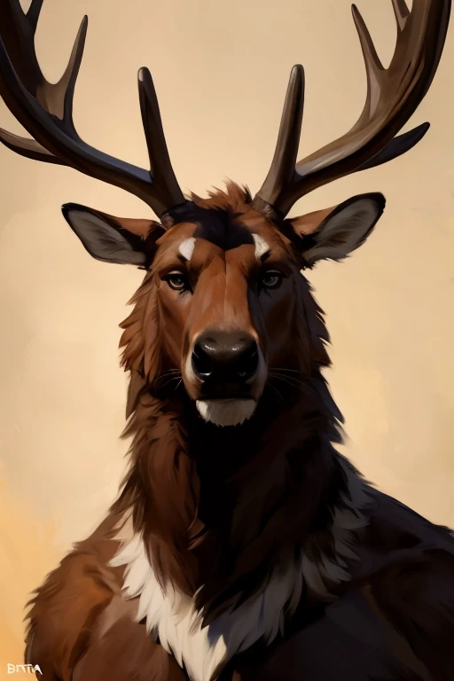 solo,furry,anthro,elk,male,e621,standing,hands behind back,wearing underwear,simple background,front view,by bebebebebe,by foxovh,by buta99,by chunie,(best quality,4k,8k,highres,masterpiece:1.2),ultra-detailed,(realistic,photorealistic,photo-realistic:1.37),soft lighting,traditional painting,animalistic,regal,handsome face,expressive eyes,sharp antlers,thick fur texture,sturdy build,strong physique,vibrant color palette,dynamic pose,calm and confident demeanor,majestic presence