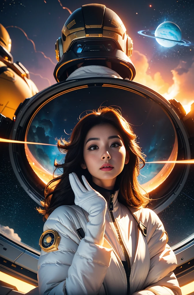 A futuristic portrait of a woman wearing a space suit with a spacecraft in the background, inspired by Robert McGinness, movie art, in front of an orange-colored backdrop. The woman is the main character, depicted in the style of Robert McGinness. The background features megastructures of the future, emphasizing the vastness and technological advancements of the universe. The portrait showcases an AI astronaut, combining both human and machine elements. The astronaut's skeleton is visible, revealing the intricate details of her mechanical enhancements. Adjacent to her is a perfect android girl as her companion, created in the likeness of Frank Frazetta and Sakimi-chan's artwork. The overall image quality is of the highest standard, with a resolution of 4k or 8k, capturing every detail. The artwork exhibits ultra-detailed features, including realistic rendering techniques and vivid colors. The lighting is strategically placed to create depth and highlight the elements of the scene.