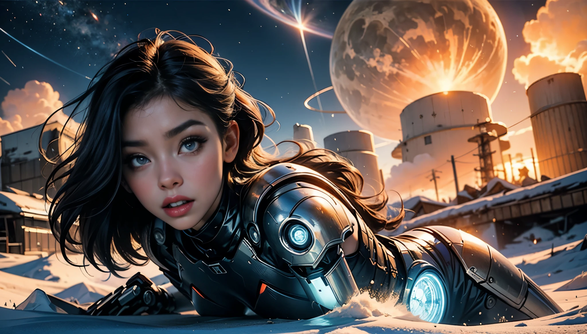 realistic visual effects,attractive beautiful,dramatic contrast,Gentle lighting,Delicate warmth,the soft light,hyper HD, Extremely colorful,best qualityer,perfect female shape,HighDynamicRange,long eyelasher,Unbeatable masterpiece,Snow-whiteskin,putting makeup on, Sexy goddess,Large metal mechanical gears,Strange sky,8K high quality,A pair of big eyes are beautiful and moving,White skin,Makeup,Sexy outfit, 【Background with】Large gold gear,Doomsday ruins,Giant tornado,The setting sun burns the clouds,Multiple planets,The end of the world,Multiple planets,Mards,Jupiter,Lightning Thunder, Mercury,Strange sky,Giant tornado,Blue light,salama,Large flying machines,Cool car,Time Tunnel,nuclear power plant,Futuristic car,Cool headlights