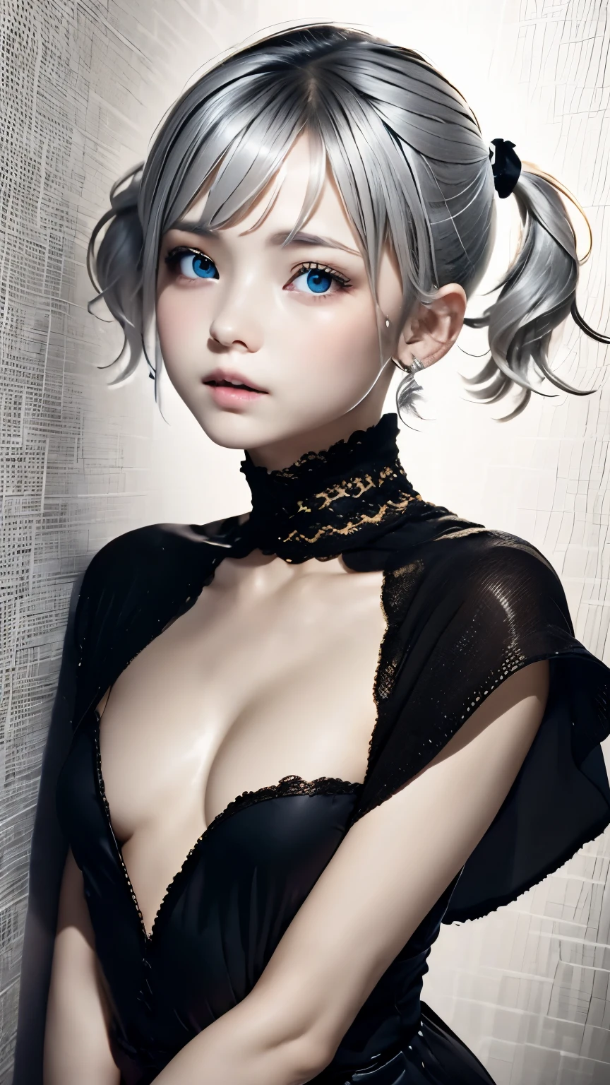 ((wallpaper 8k)), ((surreal)), ((Quality with attention to detail:1.2)), 1 girl, １４talent、kind eyes、plump lips、Ash gray hair、An ennui look、small breasts、small breasts、black elegant dress,Black capelet, look up, Widespread poverty, short cut hair、short hair twintails、Ash gray hair:1.5、white skin、