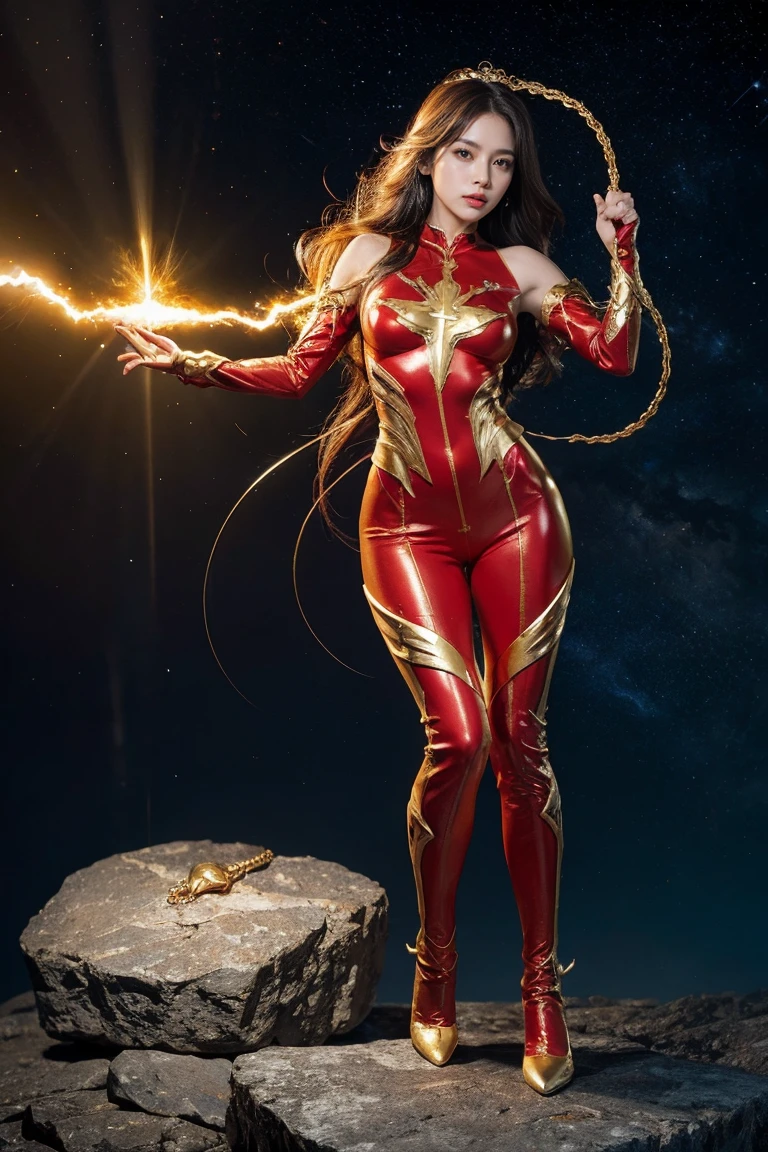 highest quality, masterpiece, realistic, High resolution, 8K RAW photo, 1 girl, NSFW、long hair、goddess、Shooting lightning from both hands、((glamor body:1.3))、(Full body suit with red motif、gold edge)、gold accessories、(((action pose)))、(On a rock on a planet where the solar system can be seen)、(Body covered with lightning 1.2）