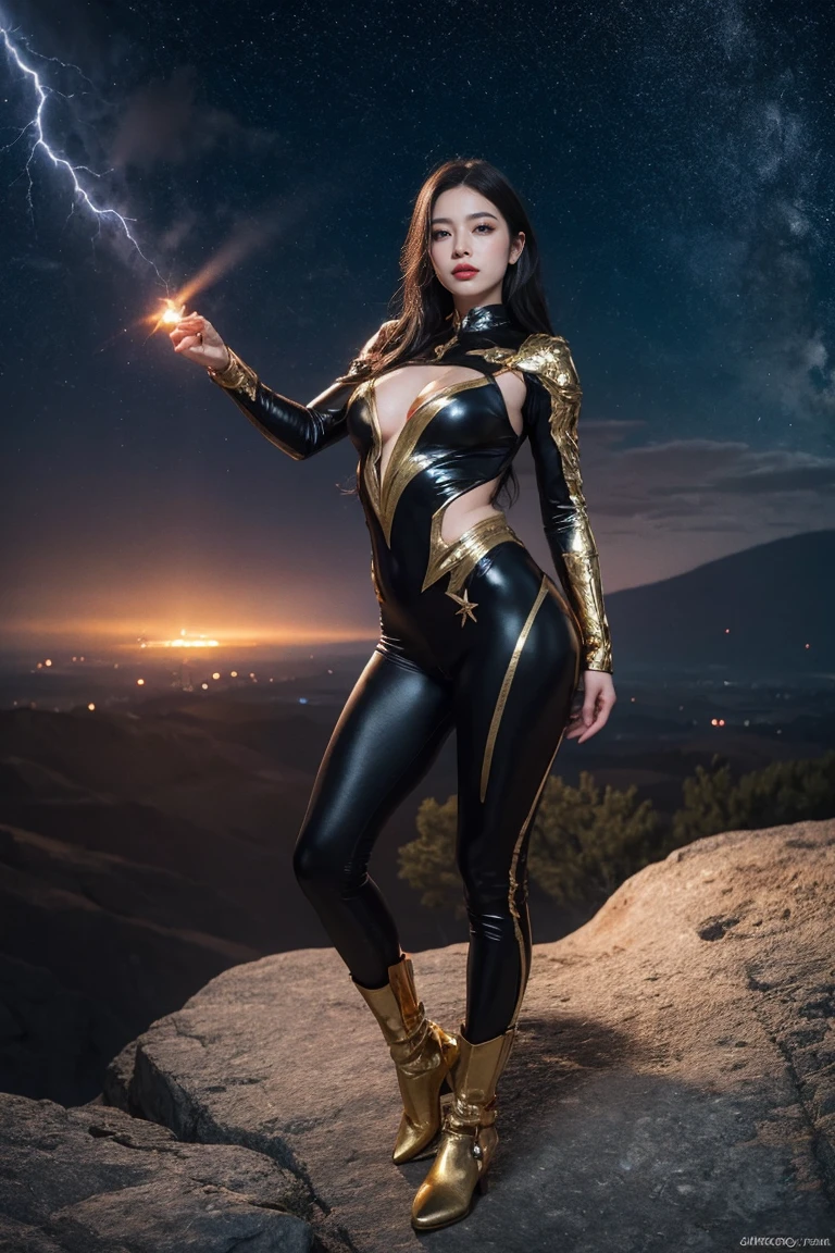 highest quality, masterpiece, realistic, High resolution, 8K RAW photo, 1 girl, NSFW、long hair、goddess、Shooting lightning from both hands、((glamor body:1.3))、(Full body suit with red motif、gold edge)、gold accessories、(((action pose)))、(On a rock on a planet where the solar system can be seen)、(Body covered with lightning 1.2）