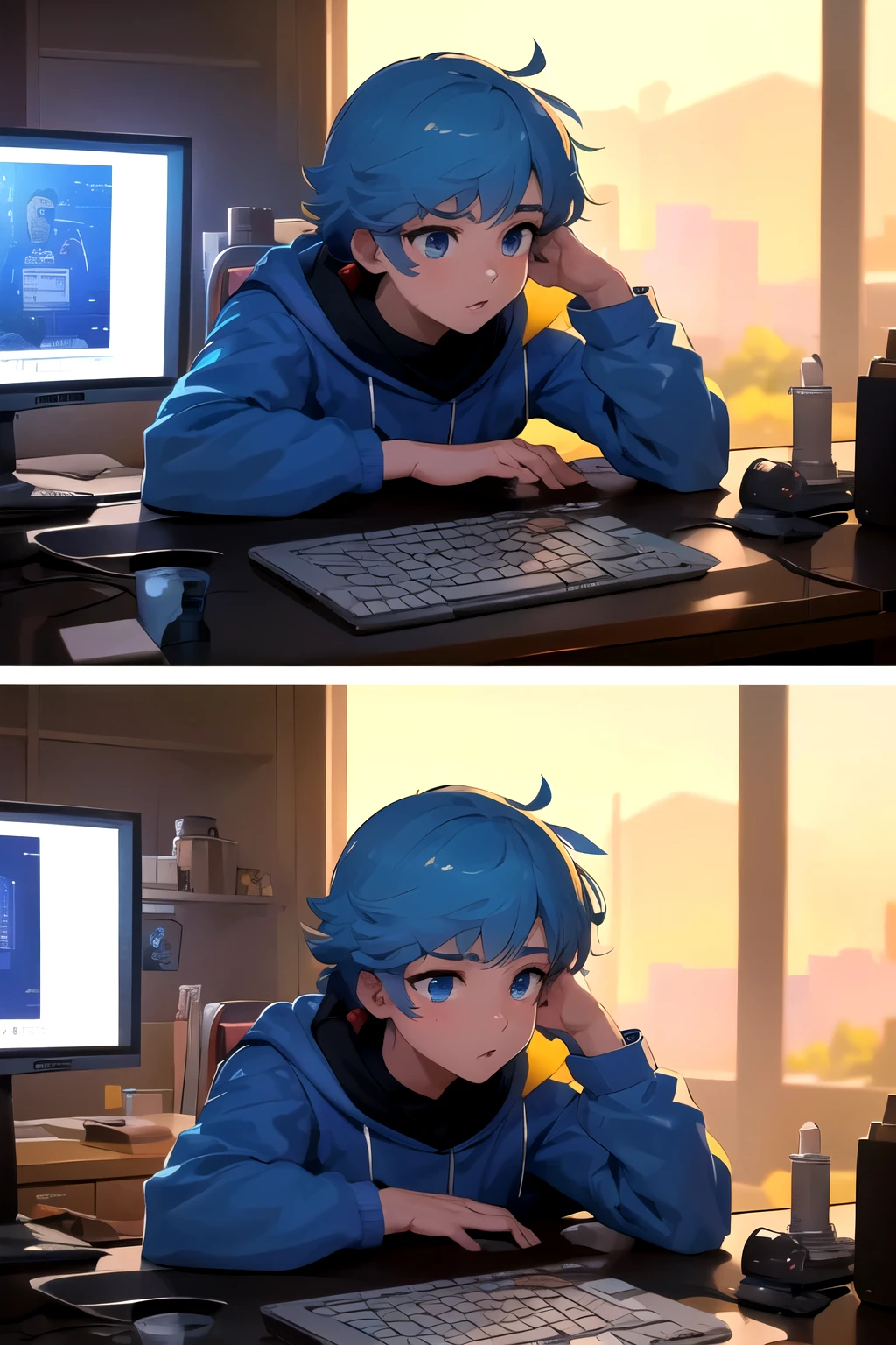((melhor qualidade)), ((obra de arte)), (detalhado), ((homem)), rosto perfeito, science fiction anime, estudando com computador na sua frente