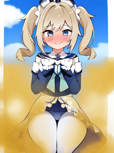 1girl, barbaradef、fart、shyness、blush、smile、white tights、blue sky