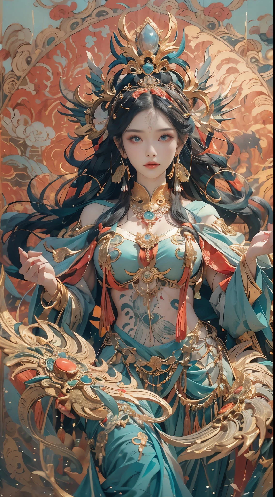 Depiction of the Goddess of Creation,Nu wa,She is the goddess of creation in Chinese mythology。It is a great goddess image passed down from the matrilineal clan period in primitive society.。Deep background,absurd,marvelous and unbelievable,epic composition,(intricate details,Ultra-detailed:1.2),Super real photos, epic现实, ((neutral color)),(pastel colors:1.2), surreal, + lens + dynamic composition, Extremely detailed, sharpen, Normal, warm light, Light effect, dramatic light, (intricate details:1.1), complex background, (greg rutkovsky:0.8), (teal and orange:0.3)epic, Detailed face, delicate eyes,full-body shot,Fly in the sky,elegant,elegant,(Intricate and intricate parts:1.1),barefoot,big goddess avatar,