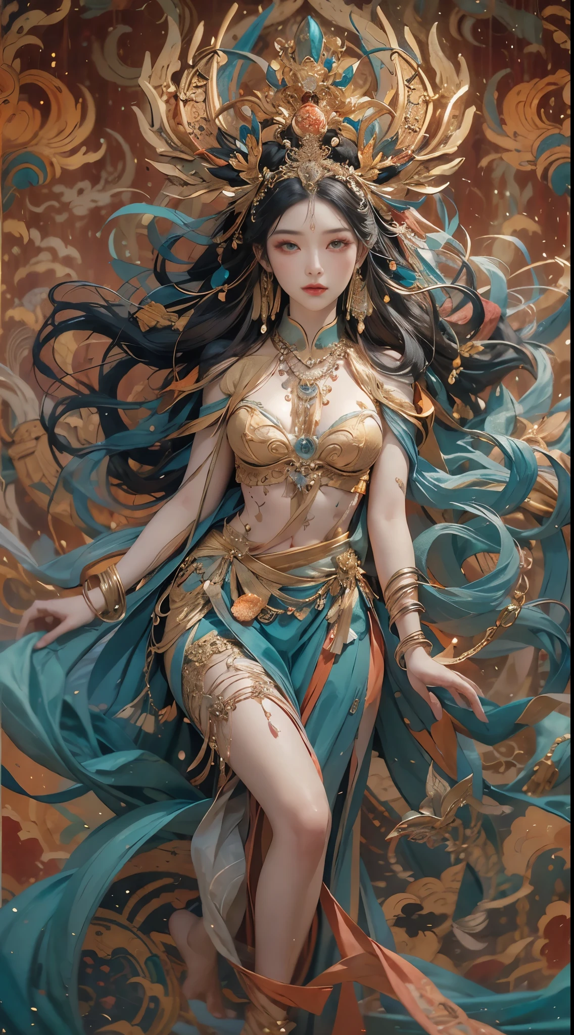Depiction of the Goddess of Creation，Nu wa，She is the goddess of creation in Chinese mythology。It is a great goddess image passed down from the matrilineal clan period in primitive society.。Deep background，absurd，marvelous and unbelievable，epic composition，(intricate details，Ultra-detailed:1.2)，Super real photos, epic现实, ((neutral color)),(pastel colors:1.2), surreal, + lens + dynamic composition, Extremely detailed, sharpen, Normal, warm light, Light effect, dramatic light, (intricate details:1.1), complex background, (greg rutkovsky:0.8),  (teal and orange:0.3）epic, Detailed face, delicate eyes，full-body shot，Fly in the sky，elegant，elegant，(Intricate and intricate parts:1.1),barefoot，big goddess avatar，