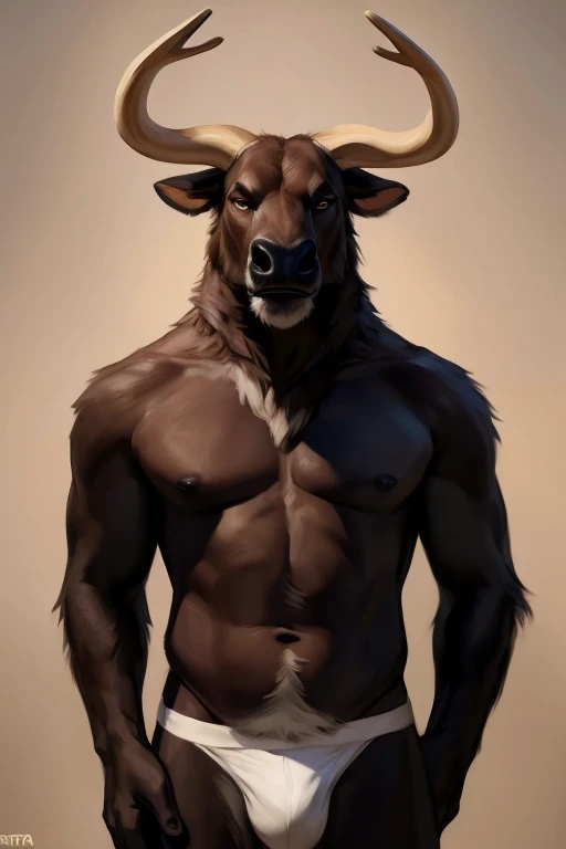 solo,furry,anthro,African Buffalo,male,e621,standing,hands behind back,wearing underwear,simple background,front view,by bebebebebe,by foxovh,by buta99,by chunie,(best quality,4k,8k,highres,masterpiece:1.2),ultra-detailed,(realistic,photorealistic,photo-realistic:1.37),soft lighting,traditional painting,animalistic,regal,handsome face,expressive eyes,sharp antlers,thick fur texture,sturdy build,strong physique,vibrant color palette,dynamic pose,calm and confident demeanor,majestic presence