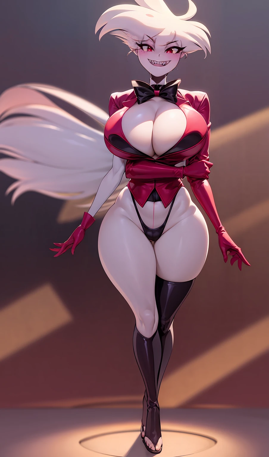 (best quality, masterpiece:1), furry, female, 1girl, anthro, angeldust, 4 arms, white cloths , thigh boots, gold tooth, huge chest tuft, choker, bowtie, , red gloves, grin, sharp teet , wide hips, *, pants, full, body, butler cloths, noble cloths,blending, reflection light, ray tracing, backlighting, bloom, blending, drop shadow, film grain, image fill, Fujicolor, halftone, motion lines, optical illusion, anaglyph, stereogram, speed lines, vignetting, scanlines, UHD, retina, masterpiece, ccurate, anatomically correct, textured skin, super detail, high details, high quality, award winning, best quality, highres, boots,refsheet, standing, full body, flipflops, pants, pantyhose, bodysuit,, thicc, curvy, huge breast, thick arms,pullover, sentai armor,black bodysuit, refsheet, face-to-face, karate pov,four arms