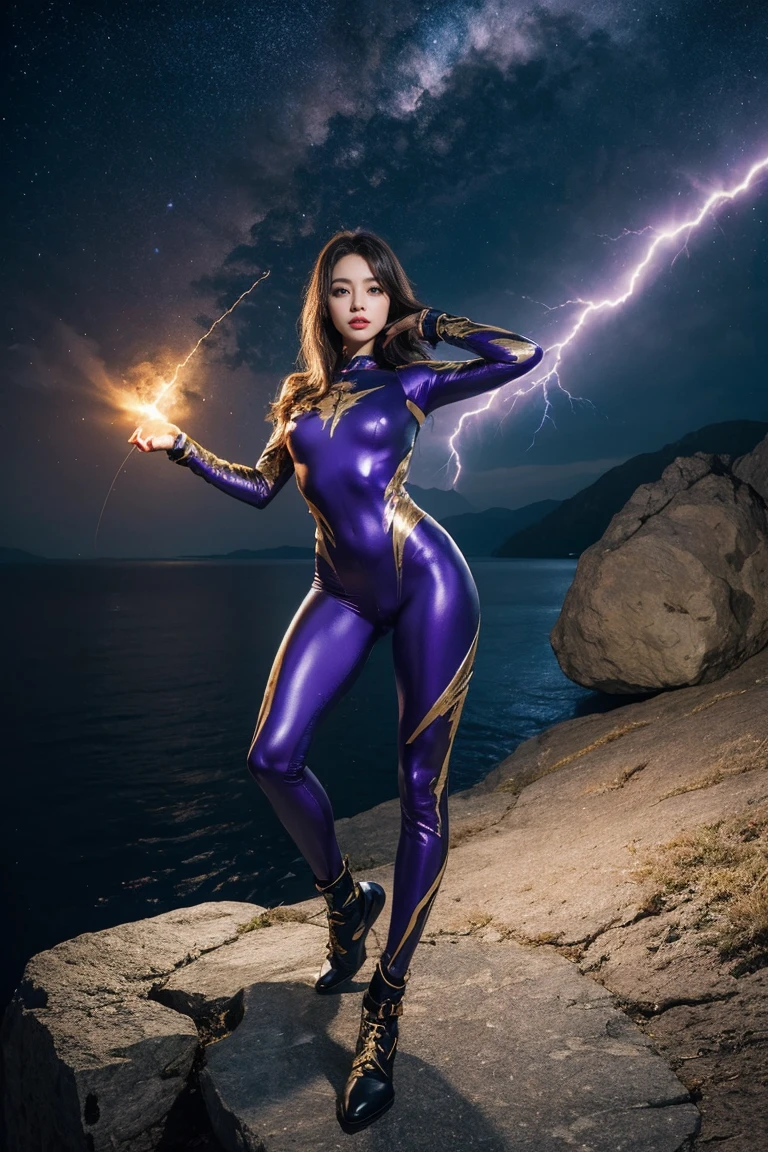 highest quality, masterpiece, realistic, High resolution, 8K RAW photo, 1 girl, NSFW、long hair、goddess、Shooting lightning from both hands、((glamor body:1.3))、(Full body suit with purple motif、gold edge)、gold accessories、(((action pose)))、(On a rock on a planet where the solar system can be seen)、(Body covered with lightning 1.2）