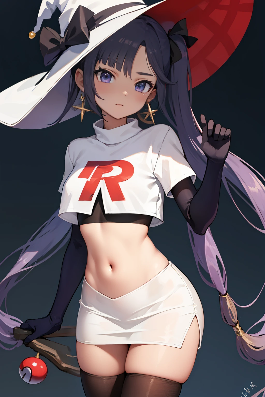 ((masterpiece,best quality)), team rocket,team rocket uniform, red letter R, white skirt,white crop top,black thigh-highs,black elbow gloves zettai ryouiki, aamona, long hair, twintails, hair ornament, black ribbon, earrings, witch hat, purple headwear, cowboy shot,