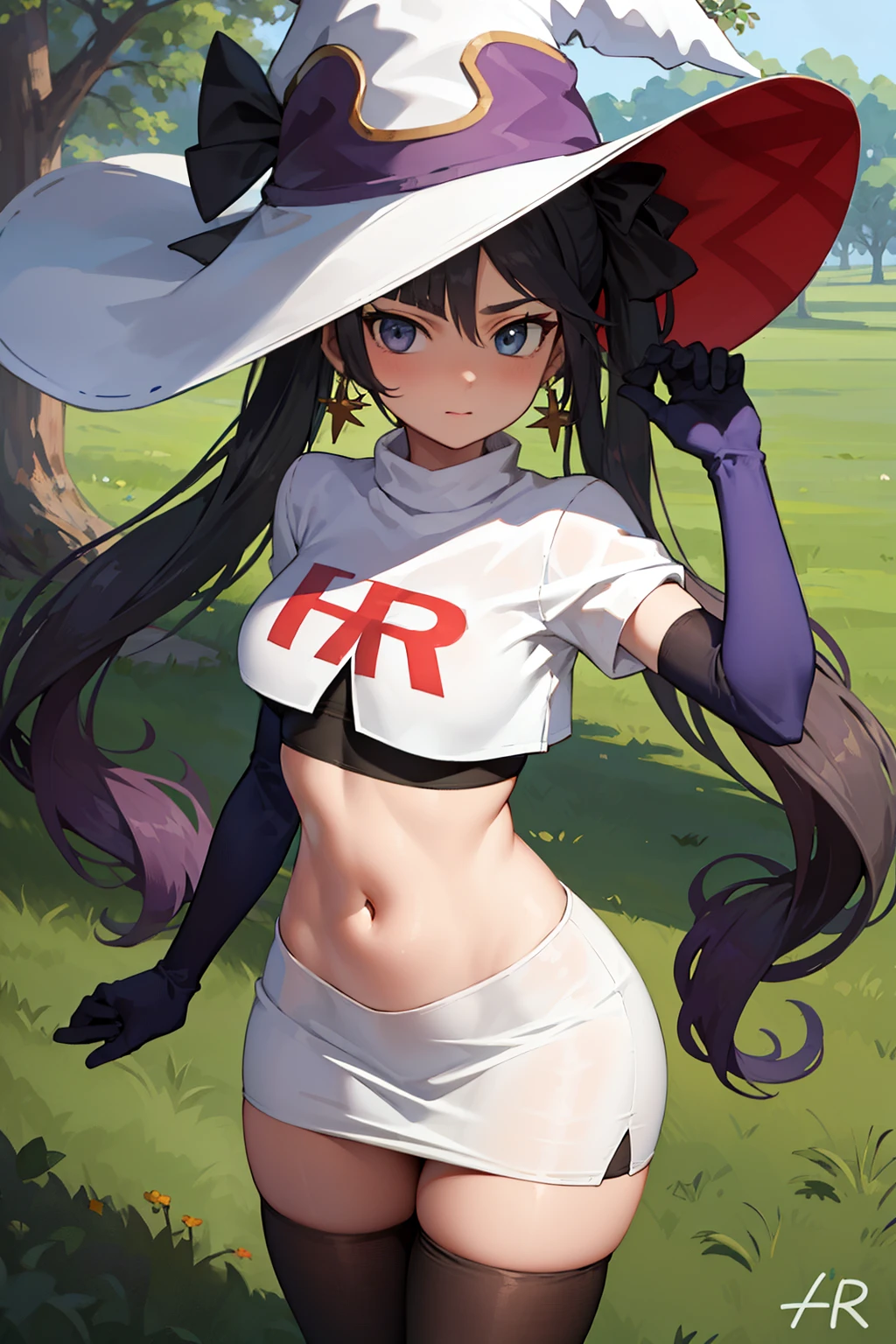 ((masterpiece,best quality)), team rocket,team rocket uniform, red letter R, white skirt,white crop top,black thigh-highs,black elbow gloves zettai ryouiki, aamona, long hair, twintails, hair ornament, black ribbon, earrings, witch hat, purple headwear, cowboy shot,