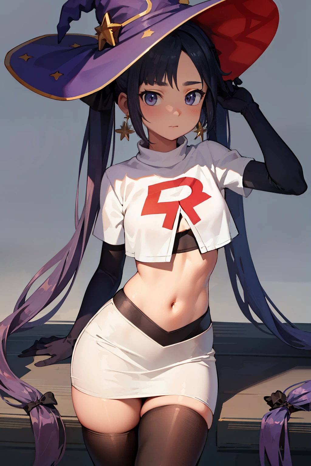 ((masterpiece,best quality)), team rocket,team rocket uniform, red letter R, white skirt,white crop top,black thigh-highs,black elbow gloves zettai ryouiki, aamona, long hair, twintails, hair ornament, black ribbon, earrings, witch hat, purple headwear, cowboy shot,