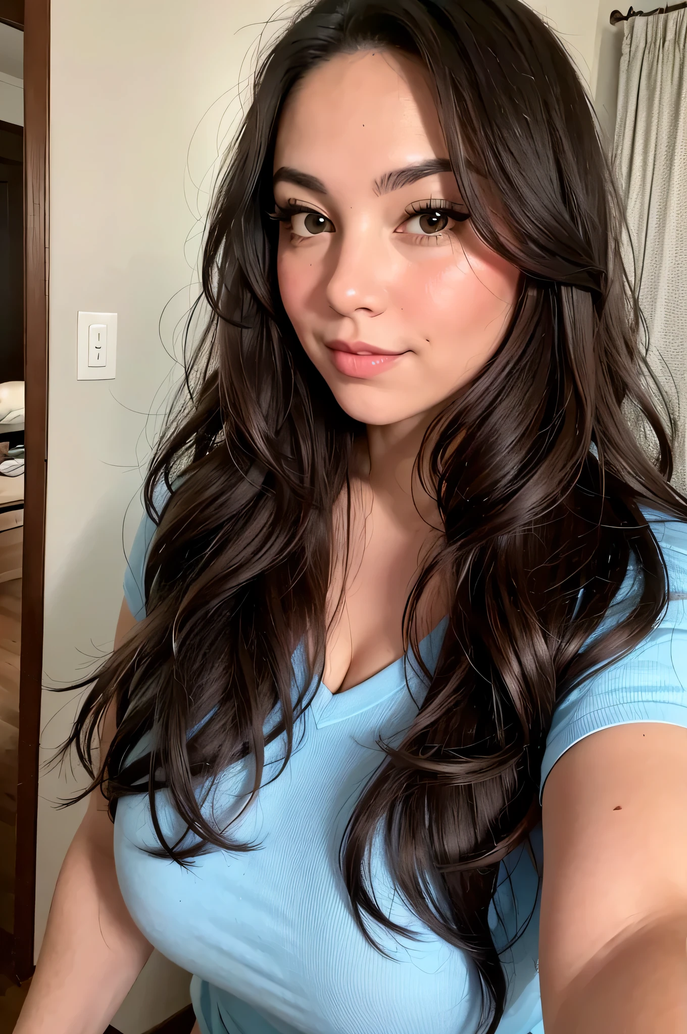 selfie style portrait of thick 40's woman with longish wavy brown hair, absolutely no makeup