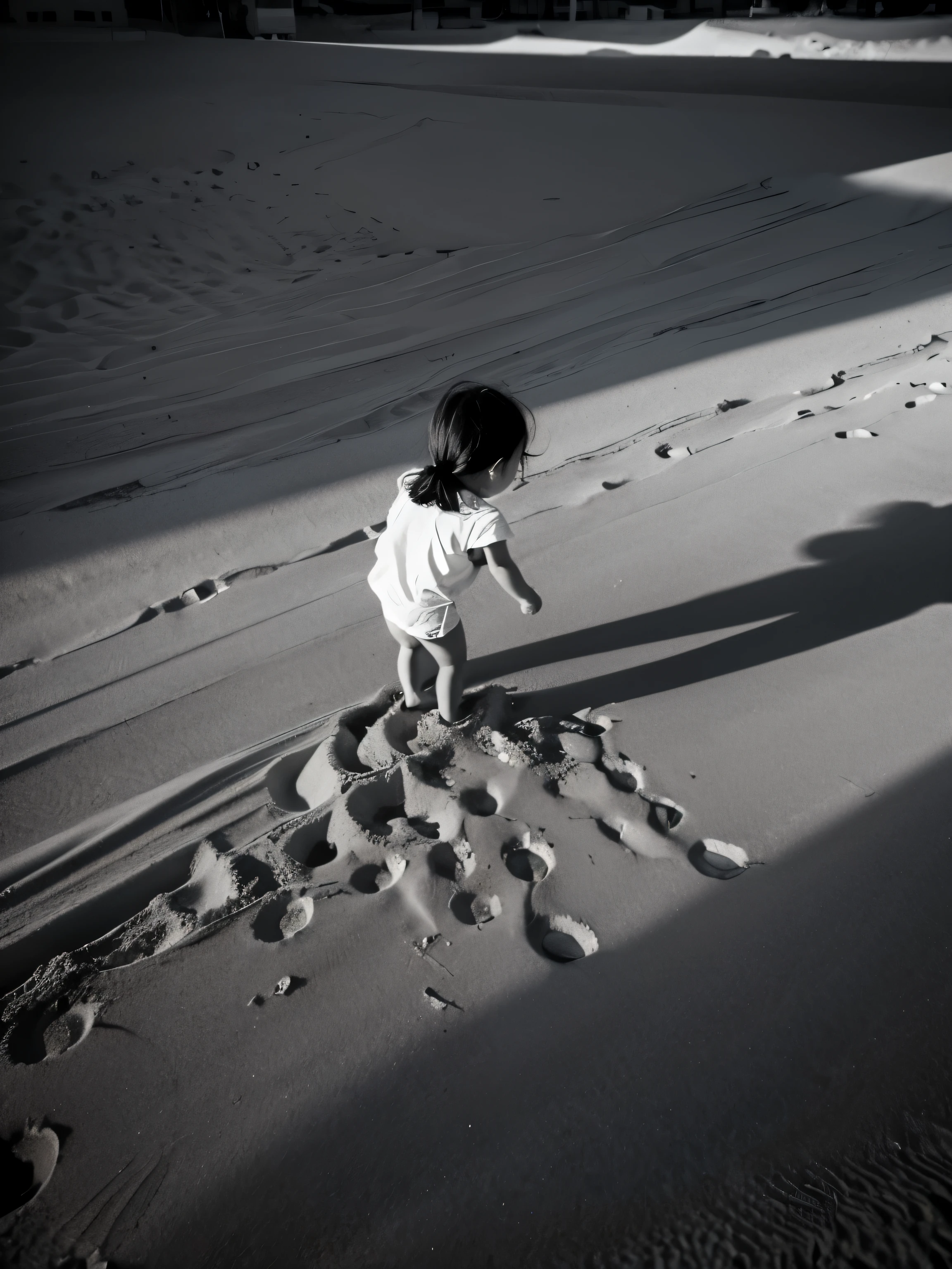 child,dig a sandpit,Rear view,full-body shot,black and white photography,Leica camera shooting effect,HD,Hyperrealistic 5.1