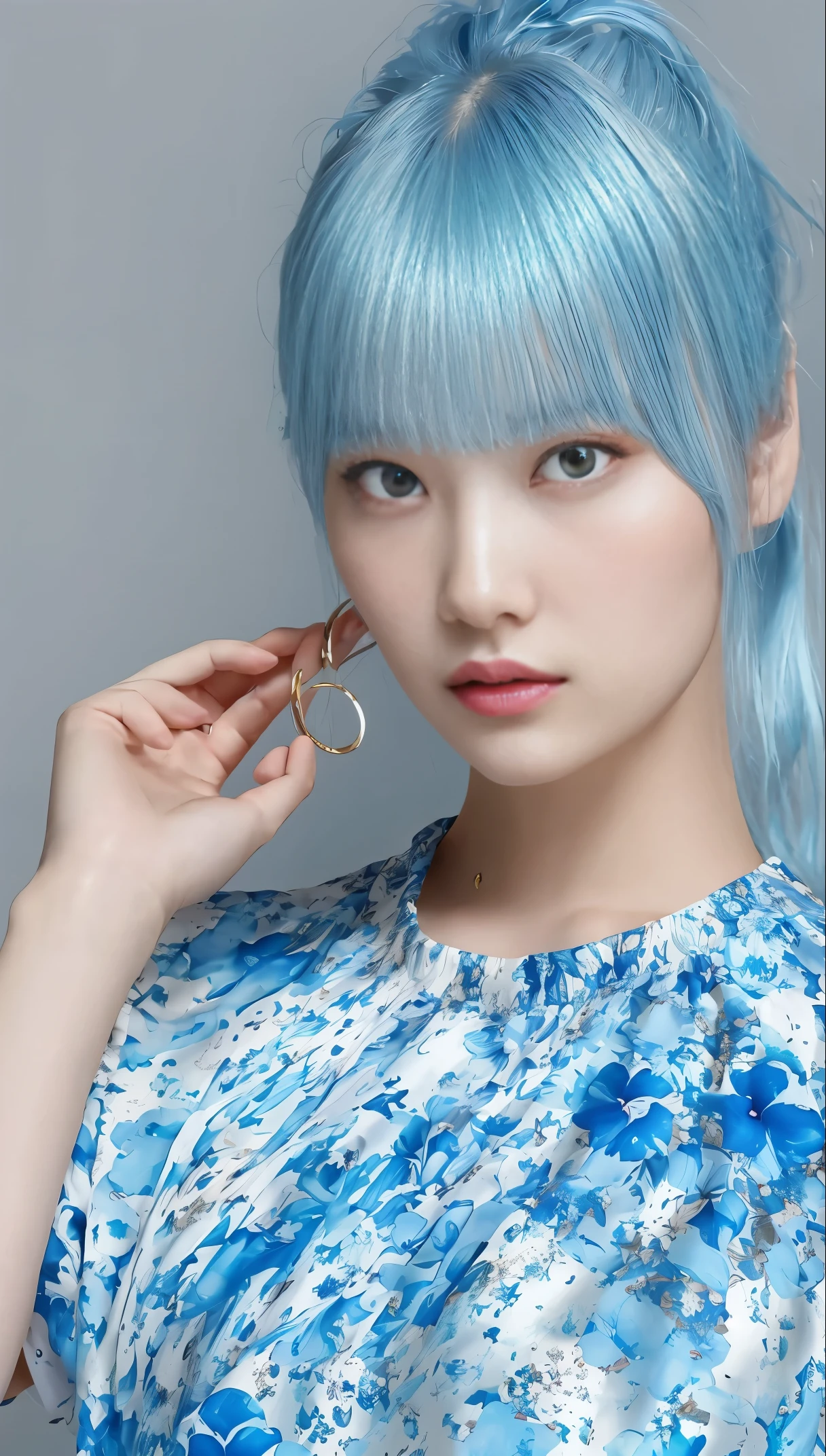 (masterpiece), (highest quality), (Super detailed),(messy hair),(figure), (1 girl), (fashionable clothes), Are standing, Fashion Model, looking at the viewer, (face to face), (simple background),beautiful and fine eyes, delicate and beautiful features, floating,(high color saturation),(colorful water splash),colorful bubble,(shining), focus on face, ponytail, kamisato ayaka, light blue hair, bangs, hair ring, floating flowers, floating hair, (shining), best lighting, best shadow,