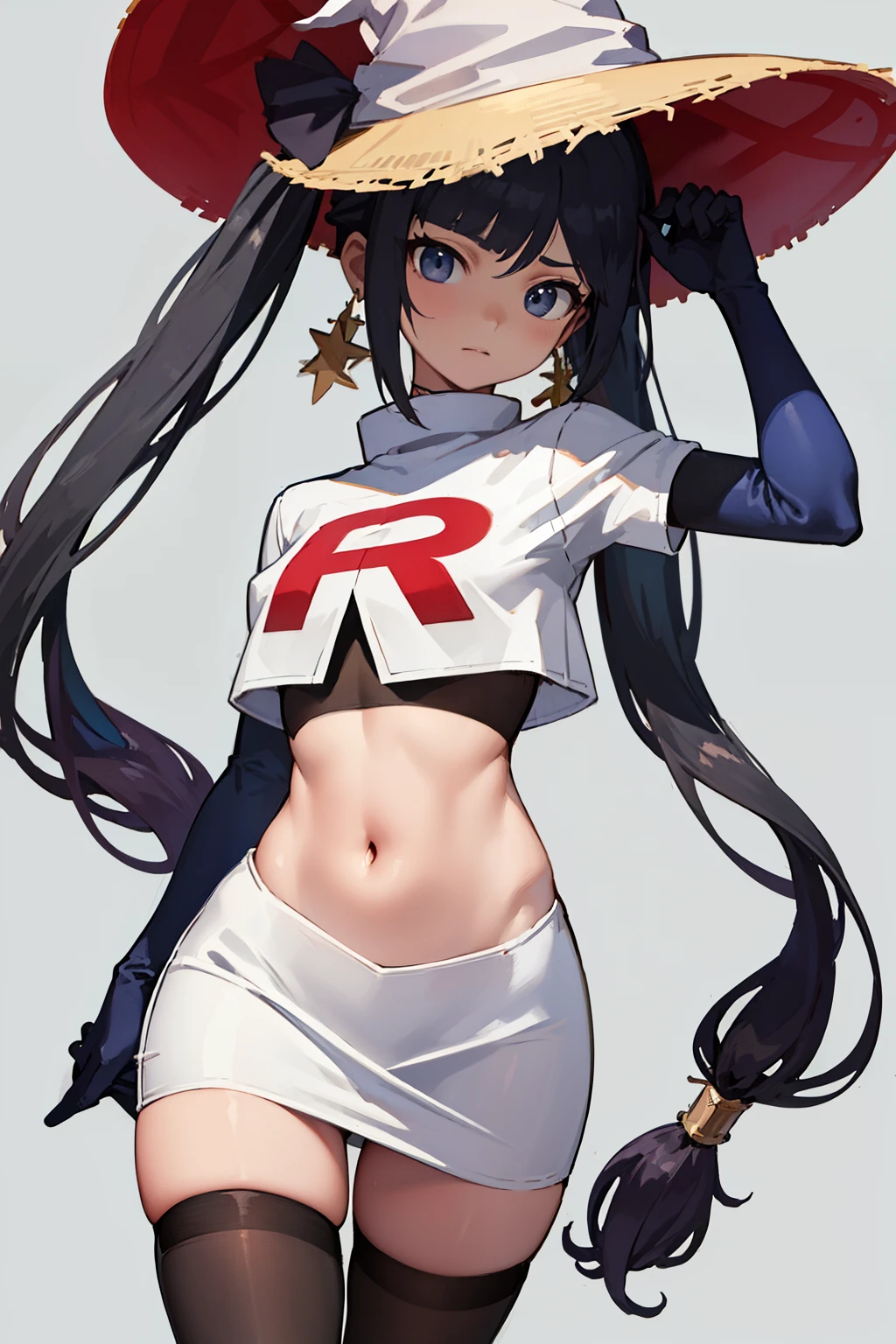 ((masterpiece,best quality)), team rocket,team rocket uniform, red letter R, white skirt,white crop top,black thigh-highs,black elbow gloves zettai ryouiki, aamona, long hair, twintails, hair ornament, black ribbon, earrings, witch hat, purple headwear, cowboy shot,
