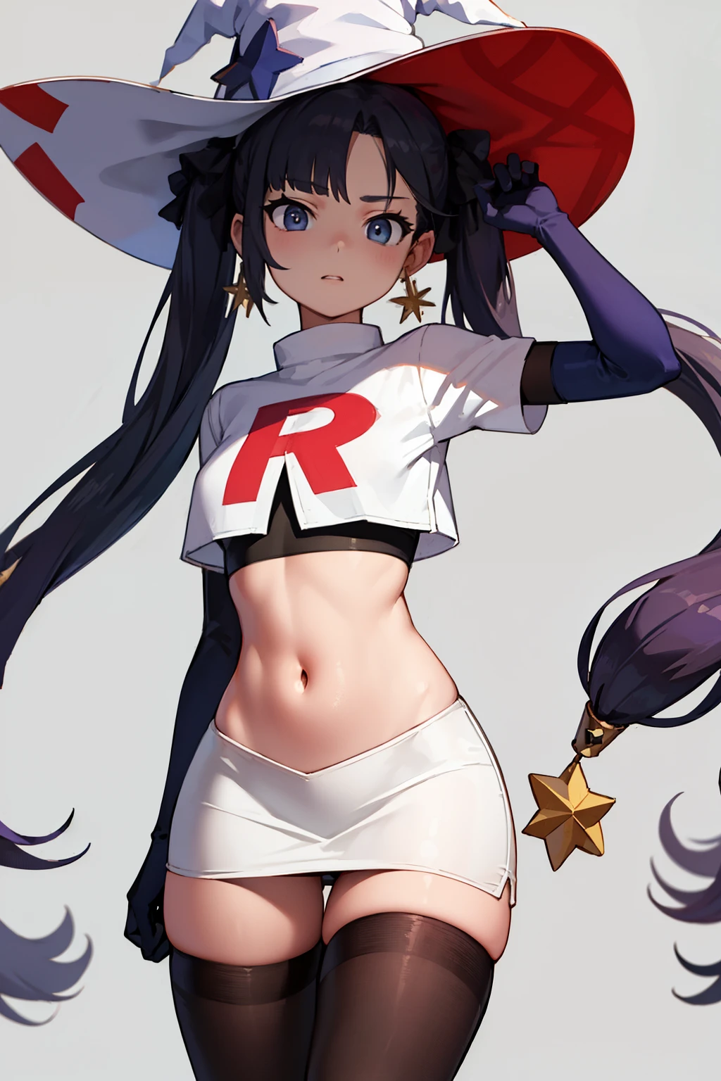 ((masterpiece,best quality)), team rocket,team rocket uniform, red letter R, white skirt,white crop top,black thigh-highs,black elbow gloves zettai ryouiki, aamona, long hair, twintails, hair ornament, black ribbon, earrings, witch hat, purple headwear, cowboy shot,