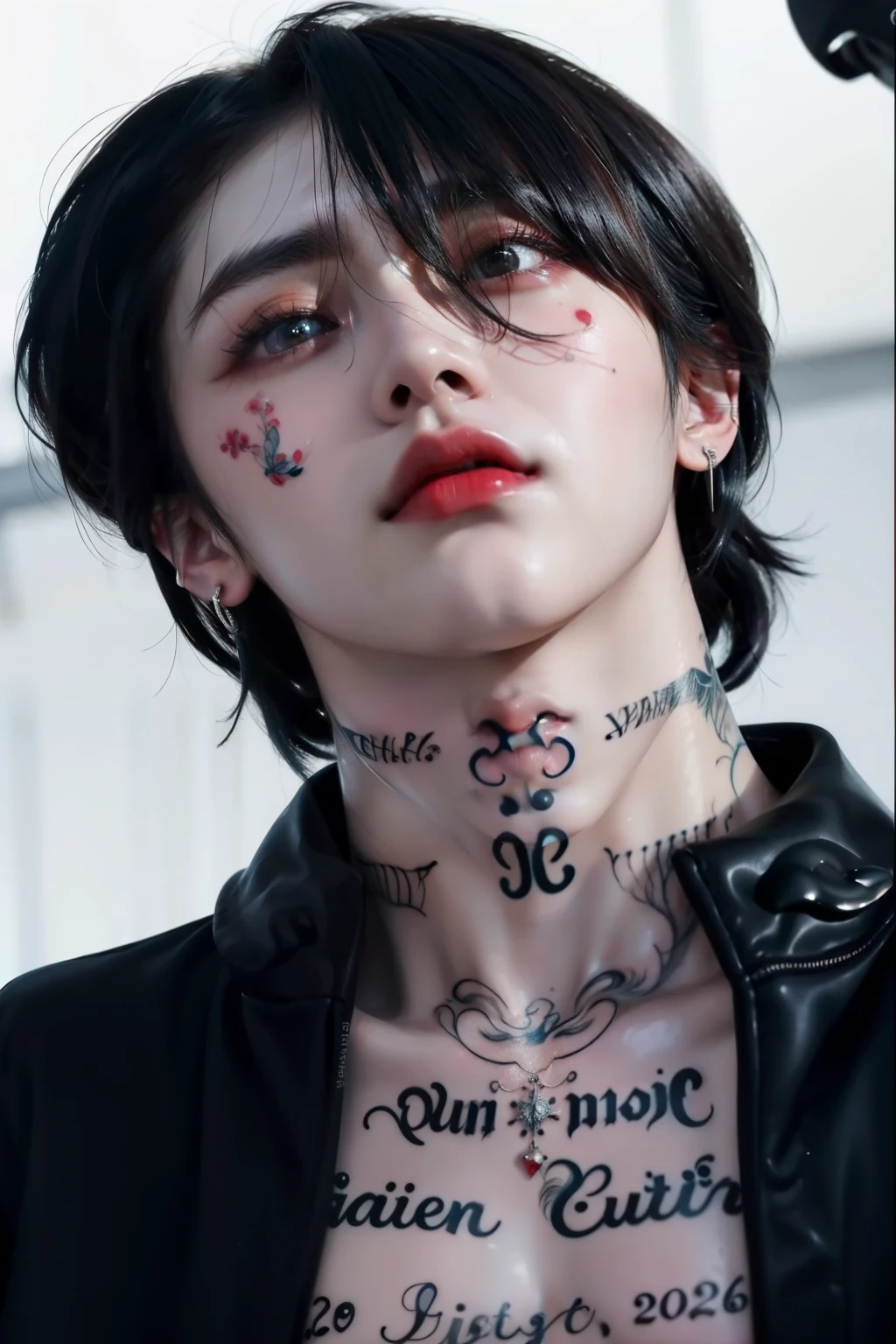 um close up de uma pessoa com uma tatuagem no peito, neck tattoos, cai xukun, com tatuagens de runas no rosto, Kim Doyoung, Jinyoung Shin, taejune kim, attractive neck, inspirado em Kim Deuk-sin, inspirado por Ren Xiong, com tatuagem facial, pintar ulzzang, inspirado em Bian Shoumin, Direction: Ni Zan