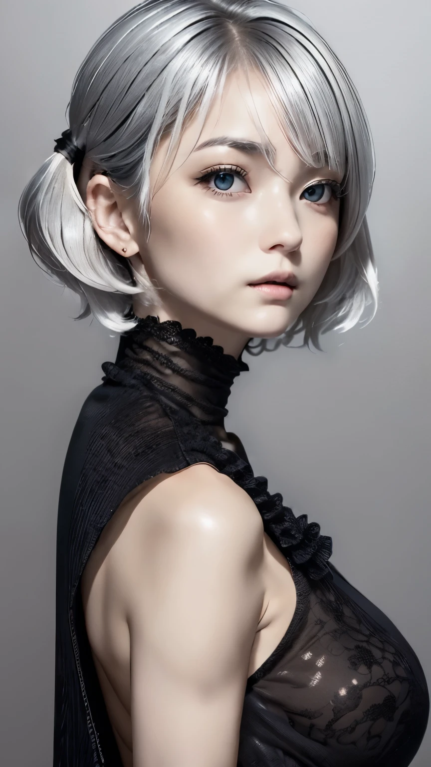 ((wallpaper 8k)), ((surreal)), ((Quality with attention to detail:1.2)), 1 girl, 14talent、kind eyes、plump lips、Ash gray hair、An ennui look、small breasts、small breasts、areola、nipple、black classy dress,Black capelet, look up, Widespread poverty, short cut hair、short hair twintails、Ash gray hair:1.5、white skin、