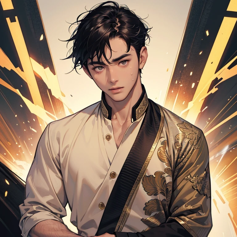 High quality, masterpiece, highly detailed, 8k, perfect face, perfect body, realistic, photogenic, man, Asian, young, black hair, comma hair cut style, handsome, detailed eyes, beautiful detailed nose, realistic body, realistic light, comfortable expressions, cute guy, sweat guy, cool guy