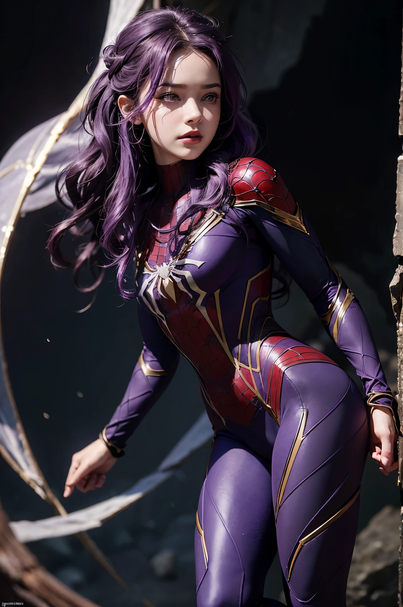 (Extreme Detail CG Unity 8K wallpaper, masterpiece, highest quality), (Exquisite lighting and shadow, highly dramatic picture, Cinematic lens effect), a beautiful girl in a purple Spider-Man costume, purple lingerie, purple curly hair color, long hair, braiding hair, beautiful purple eye, evil face, pursed lips, (Blue Flame one's finger at oneself), from the Spider-Man parallel universe, Wenger, Marvel, Spider-Man, on the cave, very beautiful face, dynamic pose), (excellent detail, excellent lighting, wide angle), (excellent rendego on cave, enough to stand out in cave, clasocus on purple Spider-Man costumes, complex spider textures