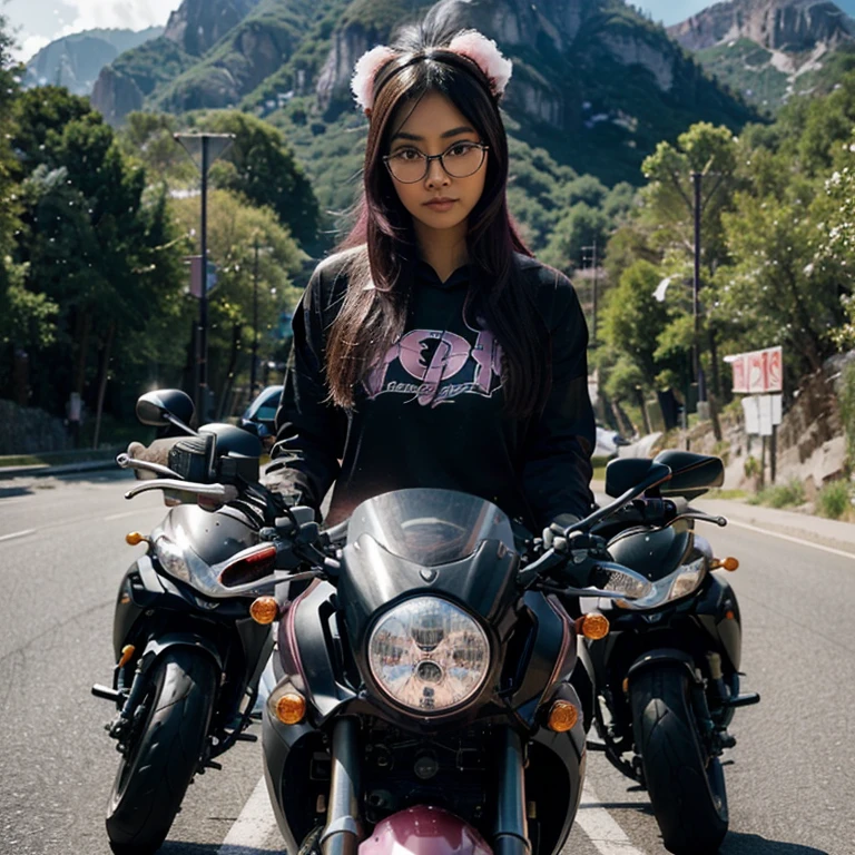 Stepping into the realm of extreme realism, this professional photograph encapsulates the allure of a captivating Asian girl model engagingly perched atop a sport motorbike. Her impeccable style is accentuated by the black glasses adorning her head and the stunning ombre-hair cascading in shades of black and soft pink. A delightful combination of a hoodie and a medium skirt completes her trendy ensemble. The motorbike, a flawless fusion of pink and white, serves as an exemplary embodiment of the city's vibrant energy. With an unwavering gaze fixed upon the road ahead, the girl emanates an unwavering sense of purpose and adventure. This visually striking image, captured using the best camera available, achieves a remarkable level of realism, showcasing hyperrealistic details in exquisite high resolution. Bathed in the gentle glow of natural sunlight, the flawless lighting further accentuates the perfect lighting reflection. The road winding through the majestic mountains forms an enchanting backdrop, epitomizing the essence of awe-inspiring beauty.