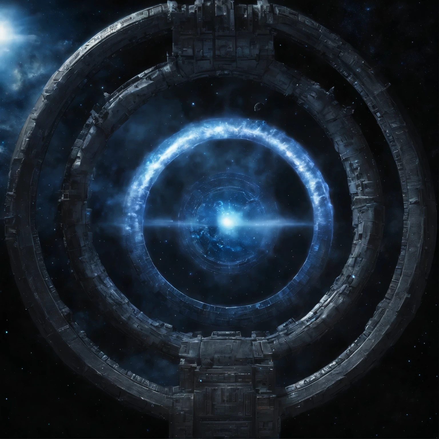 (((deep space))), super detailed image of the giant stargate ring ((in the deep space):1.5), ((the entire space inside this stargate is filled with streams of blue light flowing from the ring to the center of the space inside this ring):1.4), ((a flying saucer opposite this stargate is preparing to pass through it):1.3), Milky Way, space, stars, (Best Quality, 16K, Masterpiece, UHD, Ultra quality cinematic lighting, Huge detail, Well lit, sharp, hyper realistic, epic scale, insane level of details)