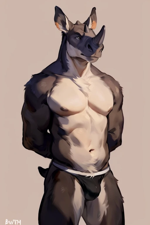 (solo,furry,anthro,rhino,male,)standing, hands behind back, wearing underwear, simple background, front view,(by buta99,by bebebebebe,by inu-sama,by foxovh,by chunie), detailed expression, textured fur, powerful physique, realistic anatomy, vibrant colors, focused lighting, intense gaze