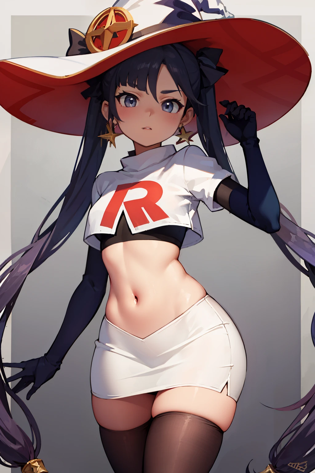 ((masterpiece,best quality)), team rocket,team rocket uniform, red letter R, white skirt,white crop top,black thigh-highs,black elbow gloves zettai ryouiki, aamona, long hair, twintails, hair ornament, black ribbon, earrings, witch hat, purple headwear, cowboy shot,