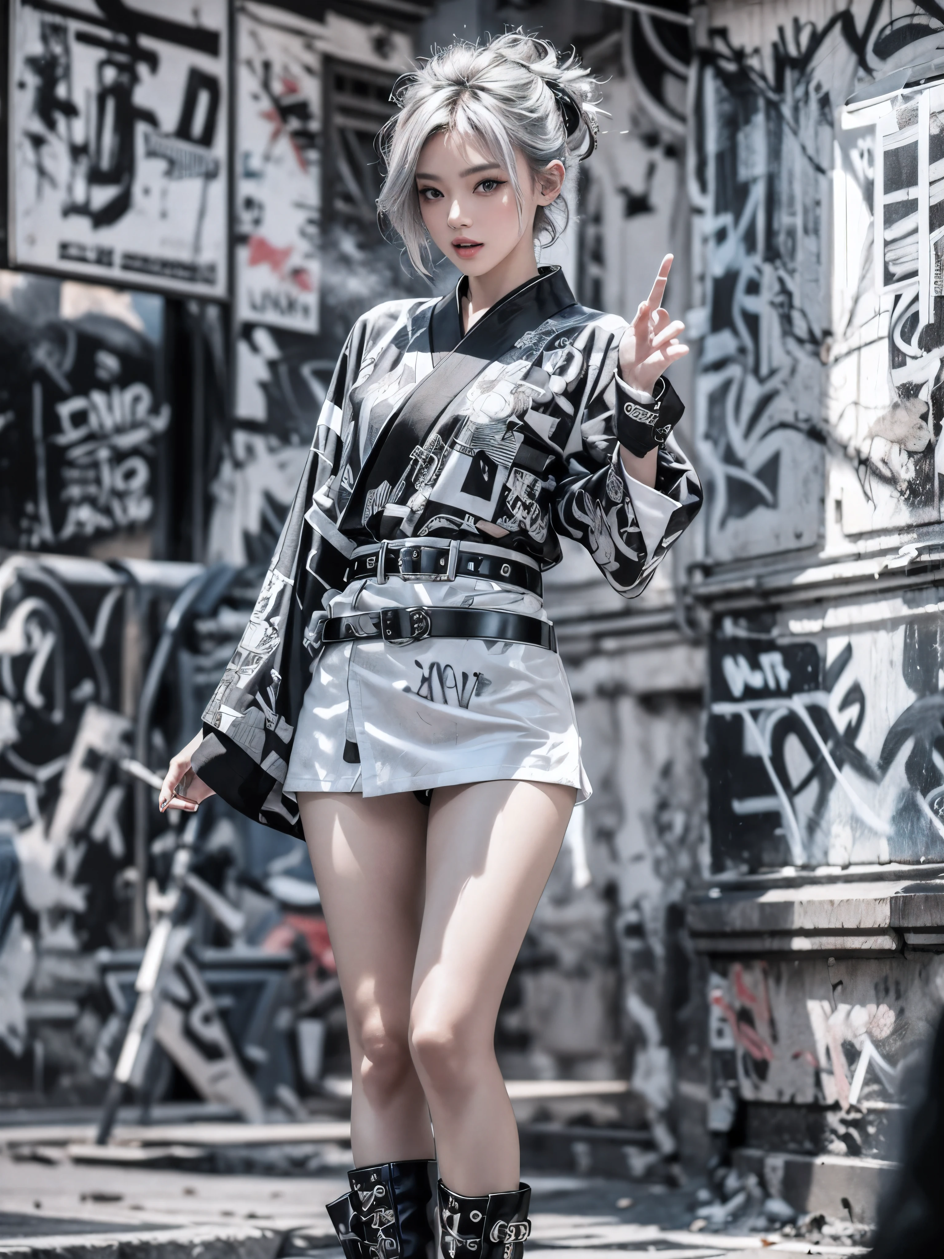  (Realistic:1.3), (official art), (gorgeous, elegant, luxury), (beautiful still life painting art), ultra detailed, beautiful, masterpiece, best quality, 
_
BREAK (1girl:1.2), 22 years old, 160 cm, Japanese cute model, Tightened all body, medium Breasts, small head, small face, diamond Face, small nose, Sharp Faceline, young hands and fingers, beautiful hands and fingers, five fingers, 
_
BREAK (Glossy Lips:1.3), (Light color lips, Half open mouth, beautiful Teeth:1.2), (dropy eyes, Double eyelid, Blue eyes:1.), 
_
BREAK (punk arranged hairstyle:1.3),(hairstyle with complicated decorations:1.3), (gray hair:1.3), 
_
 BREAK (White and black theme:1.3), (futuristic white background), (blurry background, Fog, mist:1.7),
_
BREAK (wide angle:1.7), (standing:1.6), (sexy Gravure pose:1.6),
_
BREAK（White and black theme:1.4), (Geometric pattern print:1.4),(fusion of traditional High collar  kimono and punk elements:1.4),(long Tight skirt:1.4), (black leather jacket with white silk kimono:1.2), (silver studded details on kimono:1.2), (punk-inspired accessories, black Leather thigh belt:1.4),
_ BREAK
 (punk-style boots:1.2),
_ BREAK
(Cityscape background:1.2), (White and black graffiti-covered walls:1.4),
_ BREAK
(Confident sitting pose:1.2), 