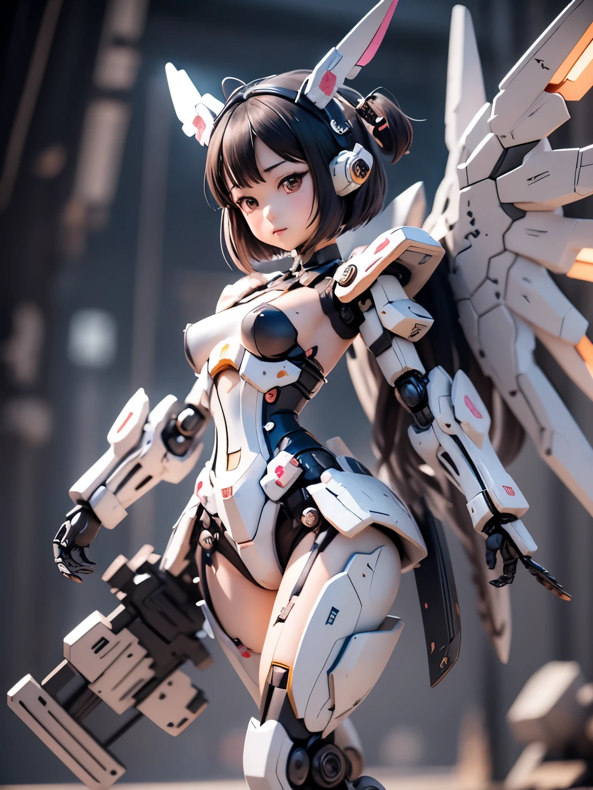 armor colored white and blue,,japanese young girl, {(wear gothic ta clothes with white frills)}, wears a futuristic Gundam style armor, with headgear, with v-fin , armored shoulders,armored under arms, armored under legs,full body:1.5, battle pose,Pose that uses the whole body,
cute, (cute:1.2), (bob cut:1.3),三つ編み, 黒髪, 太い眉毛, 薄い色の虹彩, 大きくて輝いている黒い瞳, 長いまつげ, 小さく薄い色の自然な唇, (Average face of Japanese idols), (日本人特有の童顔:1.3), (baby face), 広いおでこ:1.2, ふっくらした頬, 小さな顎, open legs, spread feet, visible side boob, (holding weapon),(holding huge weapon), holding Very large shield,in the hangar,looking at viewer,Focus on the eyes ,
3D rendering,
Small robot,
portrait female anime,
cute 3d anime rendering,
cute detailed digital art,
mini cute mech,
3D rendering stylized,
3D renderingされたキャラクター アート 8k,
cute digital painting,
Anime style 3D,
Super detailed rendering,
weapon in hand,