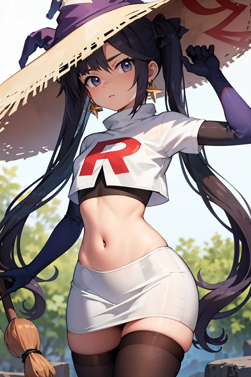 ((masterpiece,best quality)), team rocket,team rocket uniform, red letter R, white skirt,white crop top,black thigh-highs,black elbow gloves zettai ryouiki, aamona, long hair, twintails, hair ornament, black ribbon, earrings, witch hat, purple headwear, cowboy shot,