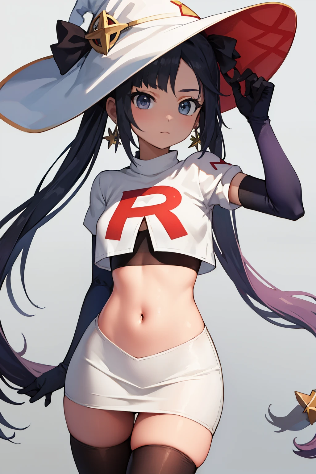 ((masterpiece,best quality)), team rocket,team rocket uniform, red letter R, white skirt,white crop top,black thigh-highs,black elbow gloves zettai ryouiki, aamona, long hair, twintails, hair ornament, black ribbon, earrings, witch hat, purple headwear, cowboy shot,