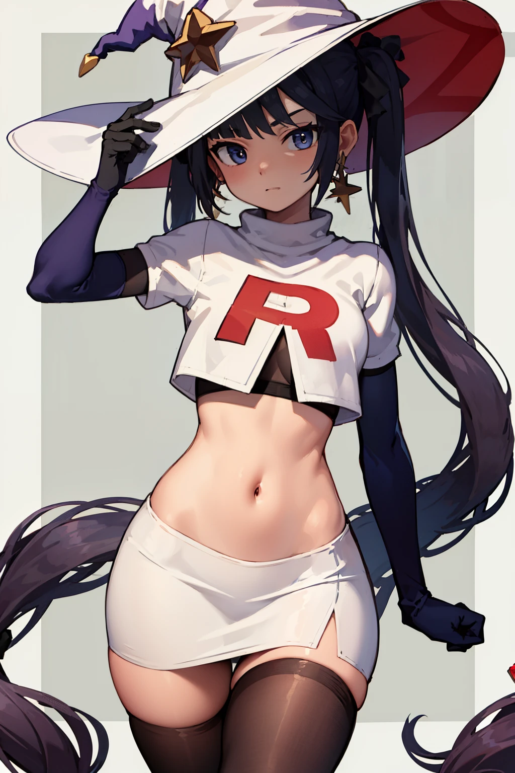 ((masterpiece,best quality)), team rocket,team rocket uniform, red letter R, white skirt,white crop top,black thigh-highs,black elbow gloves zettai ryouiki, aamona, long hair, twintails, hair ornament, black ribbon, earrings, witch hat, purple headwear, cowboy shot,