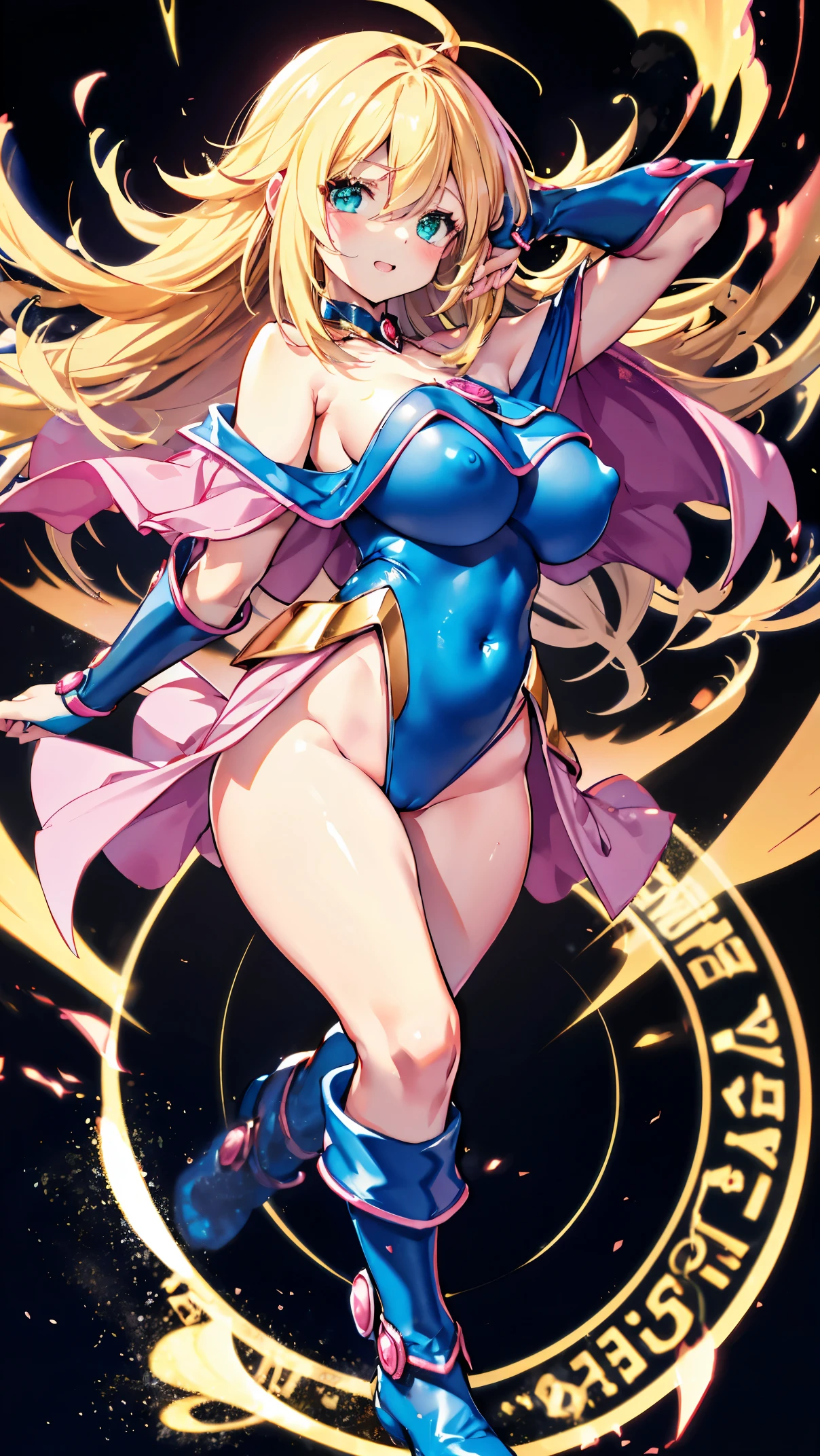 Black Magician Girl、super breasts、thick thighs、blonde hair、magic circle、8K, 4k, highest quality, High resolution: 1.2)、Nipples exposed、cute anime face、Pink blush on cheeks、noise removal、Leotard that bites into、Turning around、full body portrait、T-back that digs into your butt、Glowing green eyes、Laughter、遊戯王