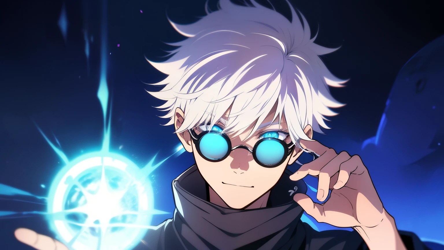 ((alto detalhe、cinematic lighting))、messy white hair、aquamarine eyes、white eyelashes、raios de deus、rastreamento de raio、sombra projetada、optical illusion、Tronco、Looking at the camera、obra de arte、((super detalhe、melhor qualidade、8k))、Jujutsu Kaisen、Gojo Gojo、Termo preto、Surgical unfolding、Fundo preto do jato perfeito、olhar sereno、Ser Poderoso、mystical atmosphere、(Estranho luar、menacing shadows、 Aura azul intensa、 Aura vermelha intensa、Symbol of the power that surrounds you、magical energy radiating、Mystical artifacts、ether particles、dynamic poses、Epic Soundtrack、(((right hand snapping fingers detailed)))