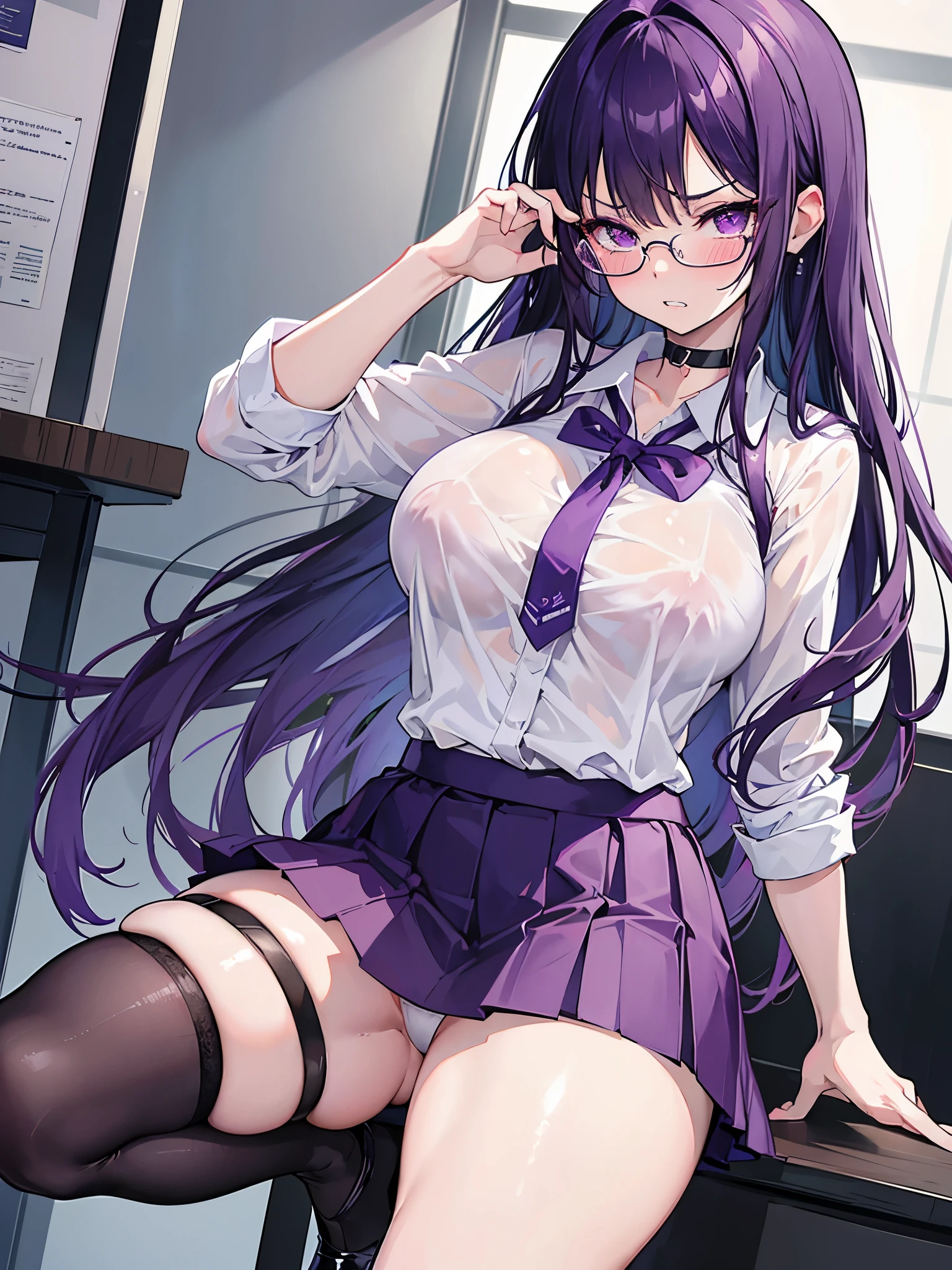Masterpiece, teacher, stockings, glasses, dark purple hair, angry expression, clenched teeth, blushing, short skirt, lifting up skirt revealing panties, white panties, choker, curvy, big breasts, see through top, wet, deep blush, high quality, hand on skirt, hand lifting skirt