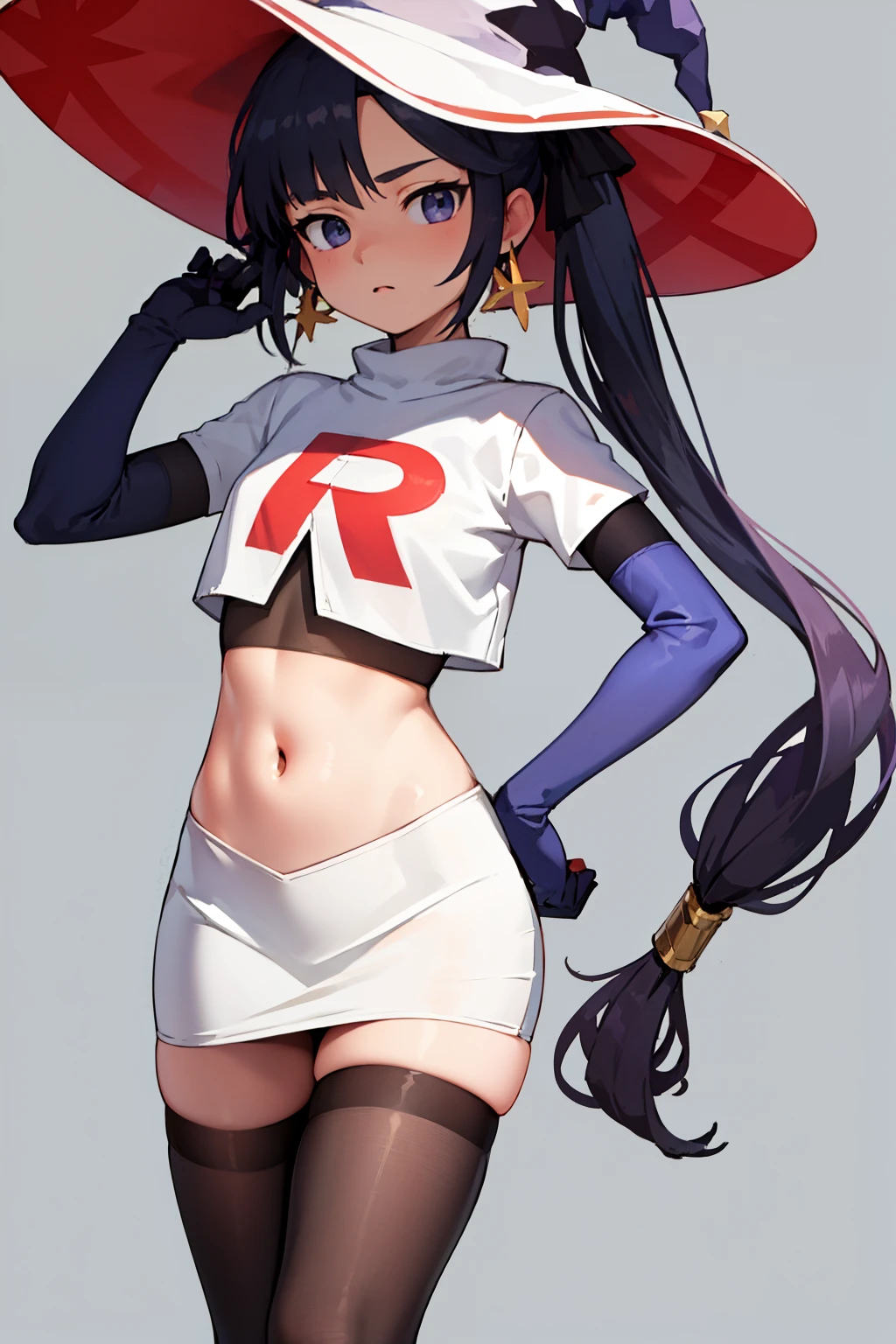 ((masterpiece,best quality)), team rocket,team rocket uniform, red letter R, white skirt,white crop top,black thigh-highs,black elbow gloves zettai ryouiki, aamona, long hair, twintails, hair ornament, black ribbon, earrings, witch hat, purple headwear, cowboy shot,