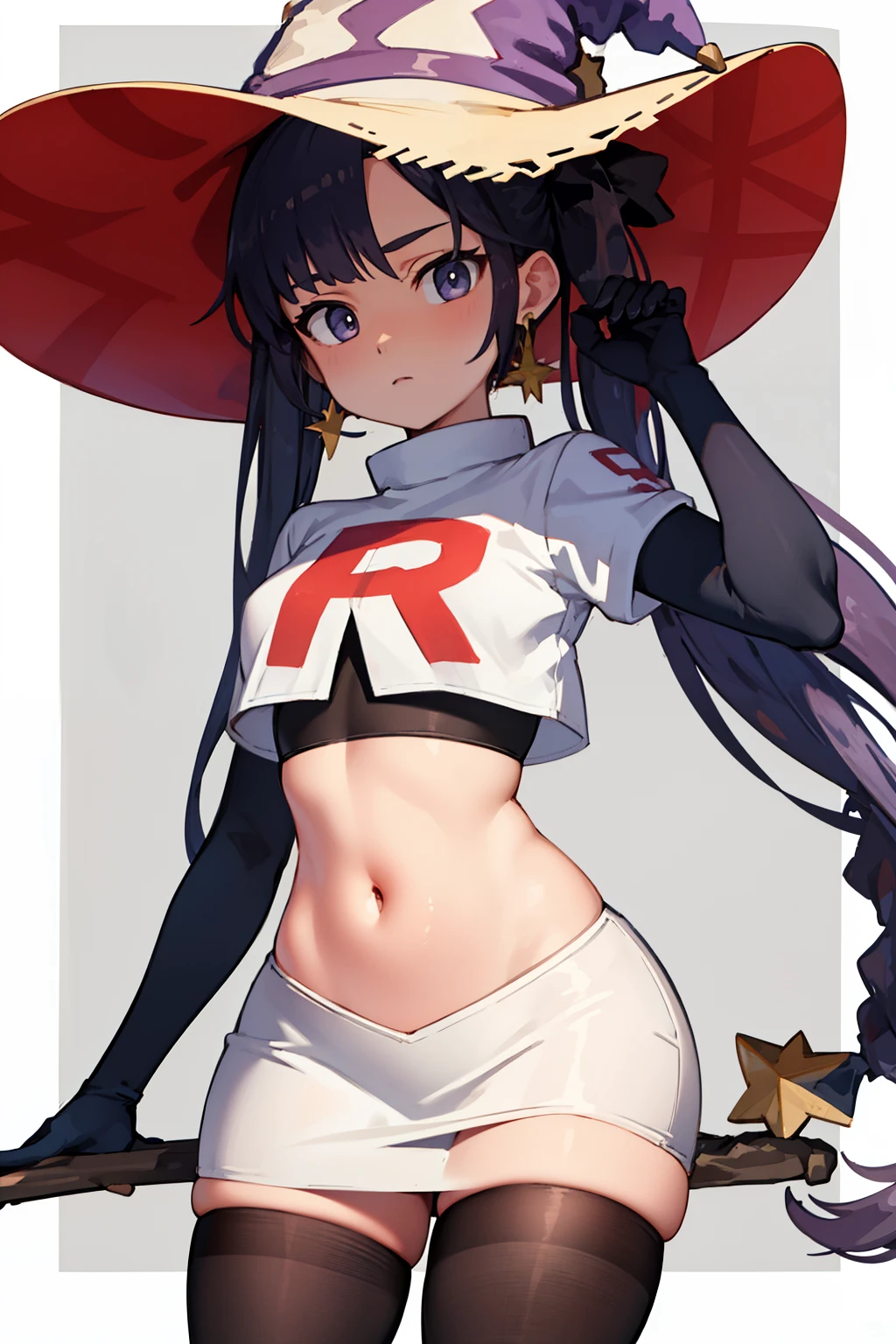 ((masterpiece,best quality)), team rocket,team rocket uniform, red letter R, white skirt,white crop top,black thigh-highs,black elbow gloves zettai ryouiki, aamona, long hair, twintails, hair ornament, black ribbon, earrings, witch hat, purple headwear, cowboy shot,
