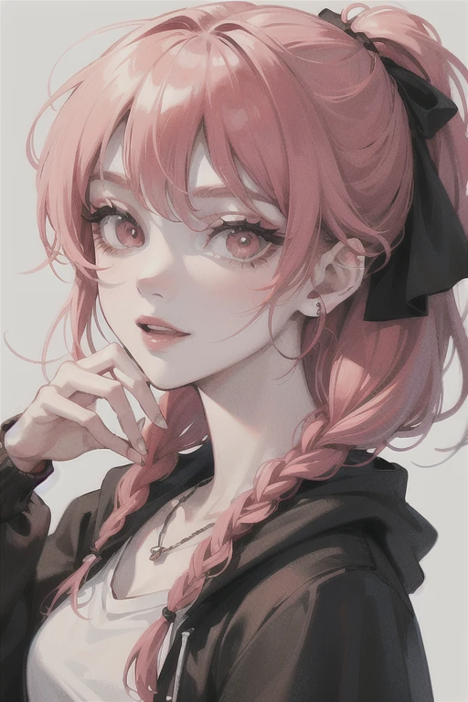 masterpiece, ultra detailed, beautiful, exquisite, female, glad, happy, hopeful, proud, intelligent, smiling, neutral, serious look, looking at viewer, looking ahead, front view, long hair, braids, french braids, wave hair, center part, long hair, braid, half updo, wavy hair, black hair, blonde, pink hair, red hair, colored inner hair, pink eyes, red eyes, eyes open, big eyes, wide-eyed, pale skin, fair skin, shiny skin, detailed skin, detailed face, pale skin, slim, slender, curvy, hair ribbon, piercing, earrings, necklace, 20-year-old, young adult, adult, white background, gray background, flat background, cute, beautiful, dark fantasy, light atmosphere, anime, main artwork, concept art, soft-edged, closeup shot, headshot, macro shot, from front, front view, highly saturated colors, t-shirt, long-sleeved t-shirt, long sleeves, sweater, hoodie, cardigan