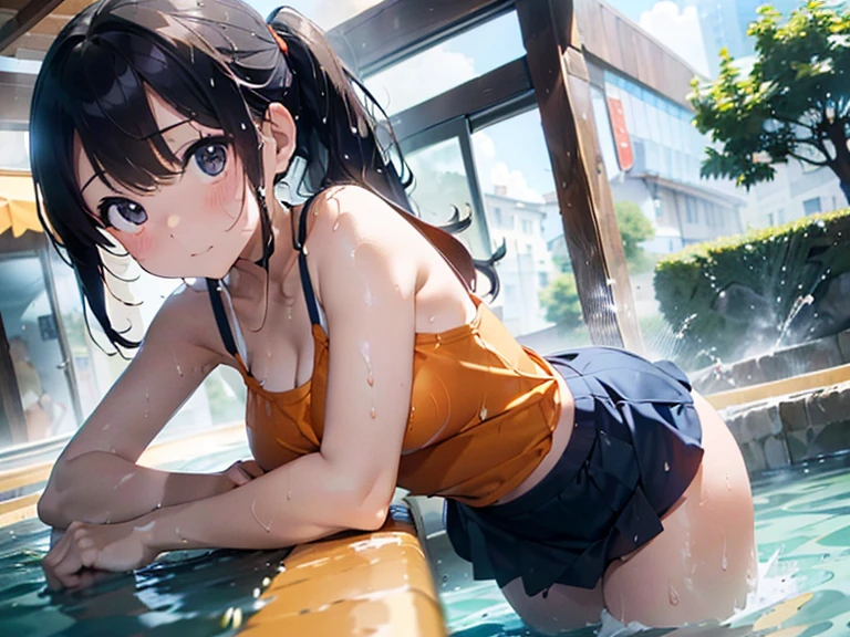 masterpiece,highest quality,real,(all fours pose:1.2),swimsuit(Super soaked、Orange camisole、navy blue mini skirt),Large public bath with cloudy and slimy lotion,(白濁ぬるぬるローションでSuper soaked:1.3),