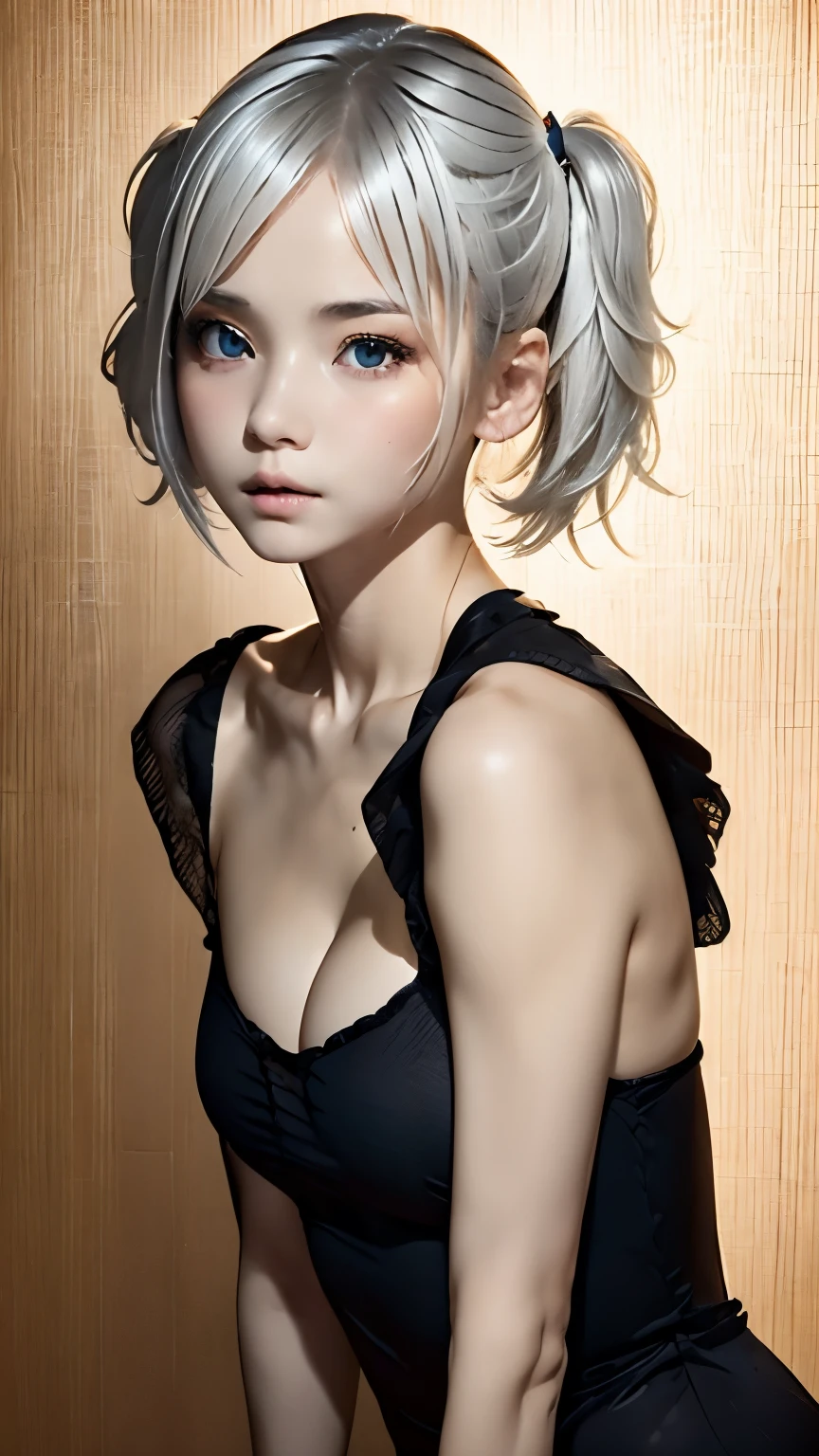 ((wallpaper 8k)), ((surreal)), ((Quality with attention to detail:1.2)), 1 girl, 14talent、kind eyes、plump lips、Ash gray hair、An ennui look、small breasts、small breasts、areola、nipple、black classy dress,Black capelet, look up, Widespread poverty, short cut hair、short hair twintails、Ash gray hair:1.5、white skin、