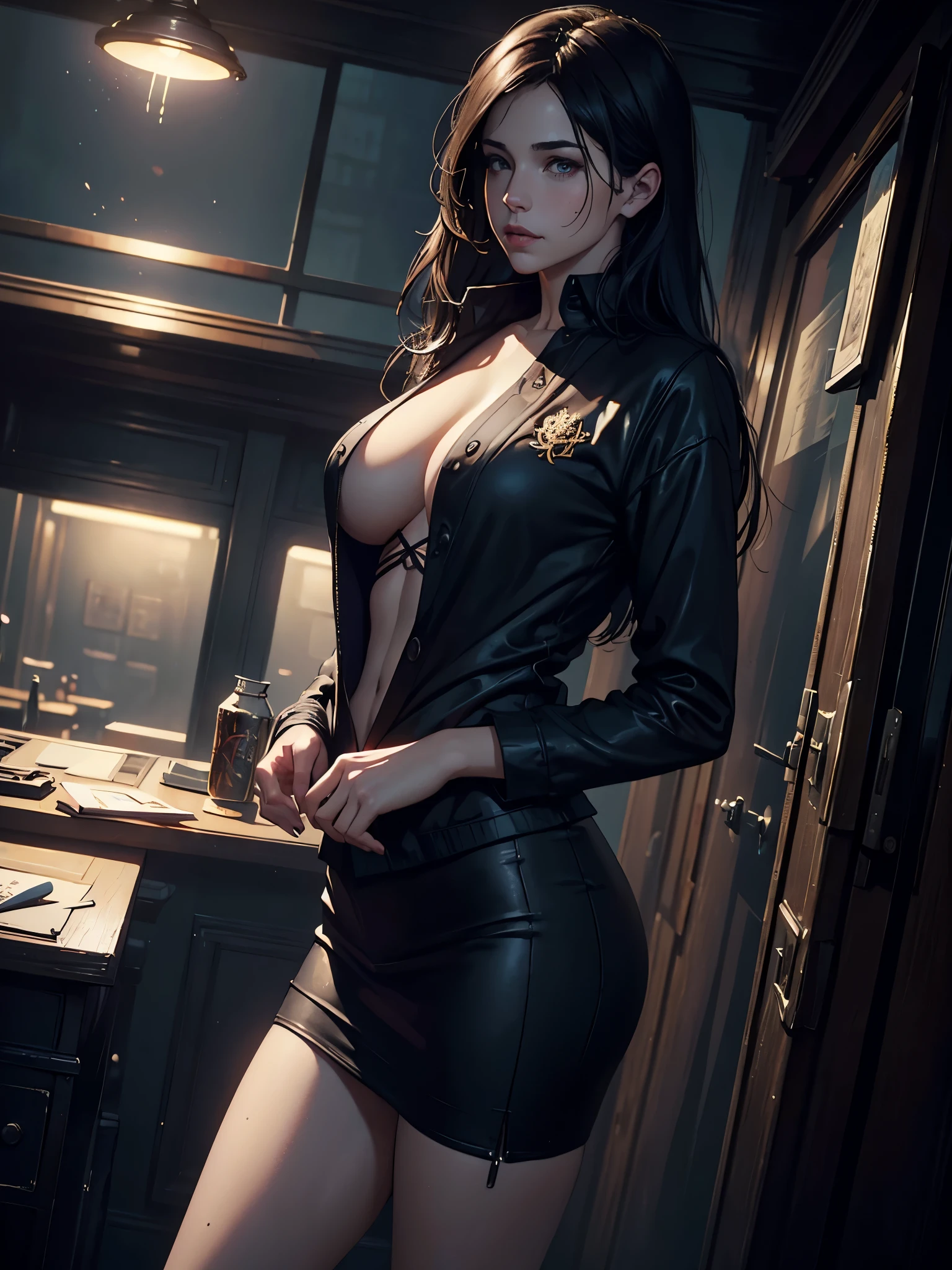 molly millions, ((Best Quality)), ((masterpiece)), (Cinematic aesthetics:1.4) Woman of about thirty years、Long、A sexy、Business Casual、full bodyesbian, gorgeous view, depth, high detail, digital art, painted by greg rutkowski, painted by seb mckinnon, trending on artstation