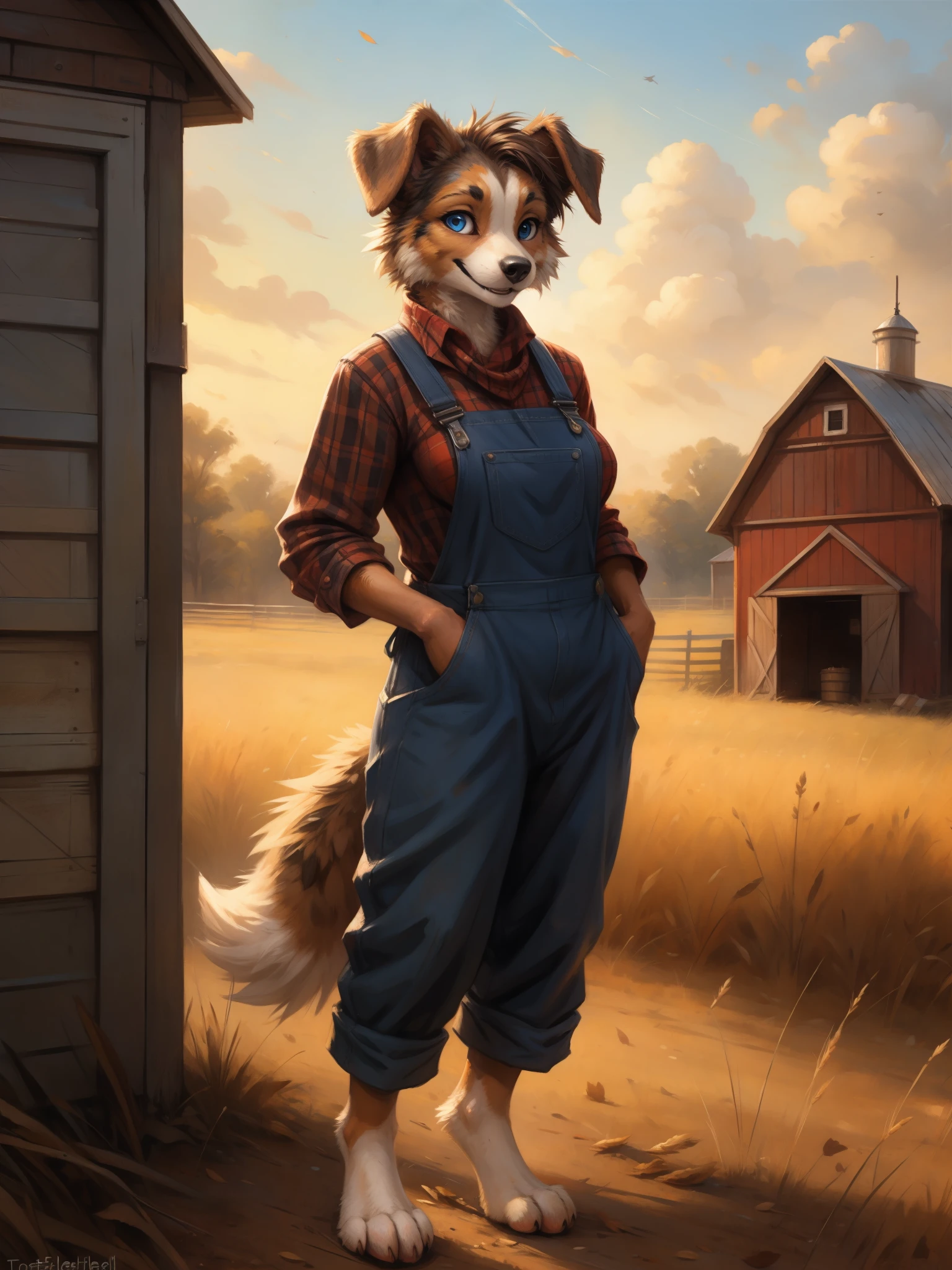 by kenket, by totesfleisch8, (by thebigslick, by silverfox5213:0.8), (by syuro:0.2), an Australian shepherd dog, female, short brown hair, blue eyes, cute snout, black nose, fluffy tail, wearing red flannel, blue overalls, medium breasts, barefoot, 4 toes, standing, on a farm, a piece of dry wheat in her mouth, grinning, wearing red bandana around neck,